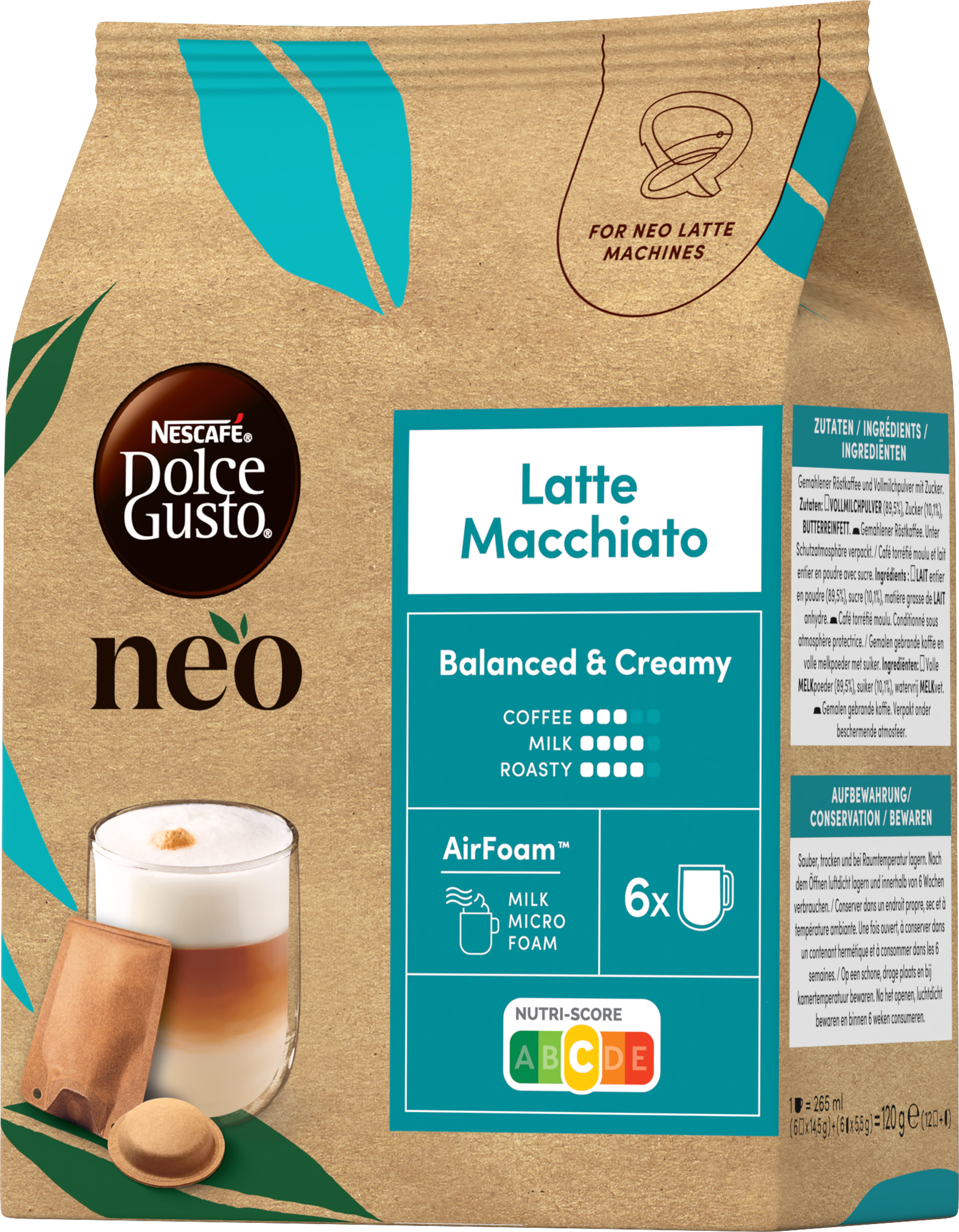 Nescafé Dolce Gusto Neo Latte Macchiato Kaffeekapselverpackung mit braun-türkisblauem Design.