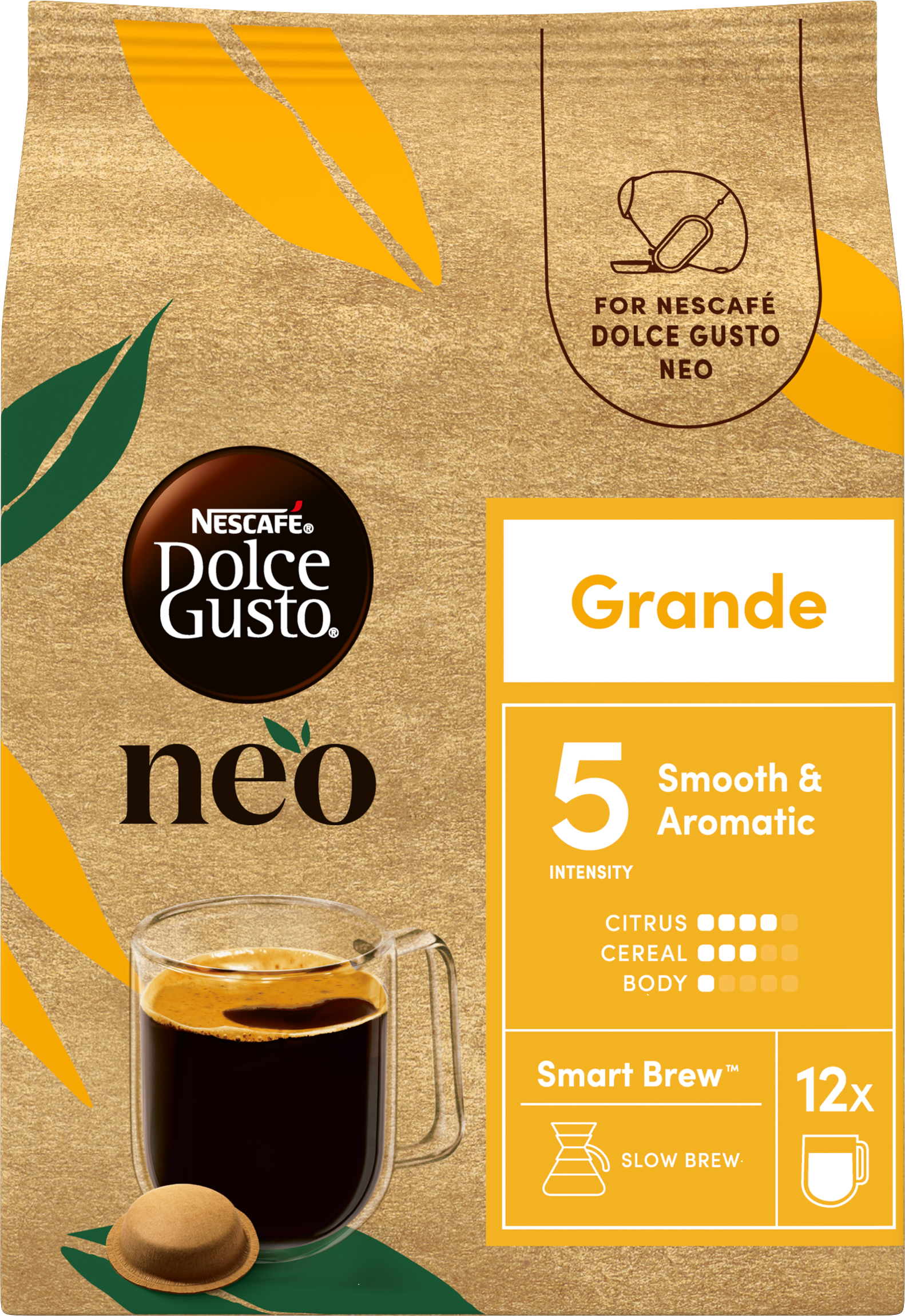 Nescafe Dolce Gusto Neo Grande Kaffeepackung mit Tasse und Kapsel.