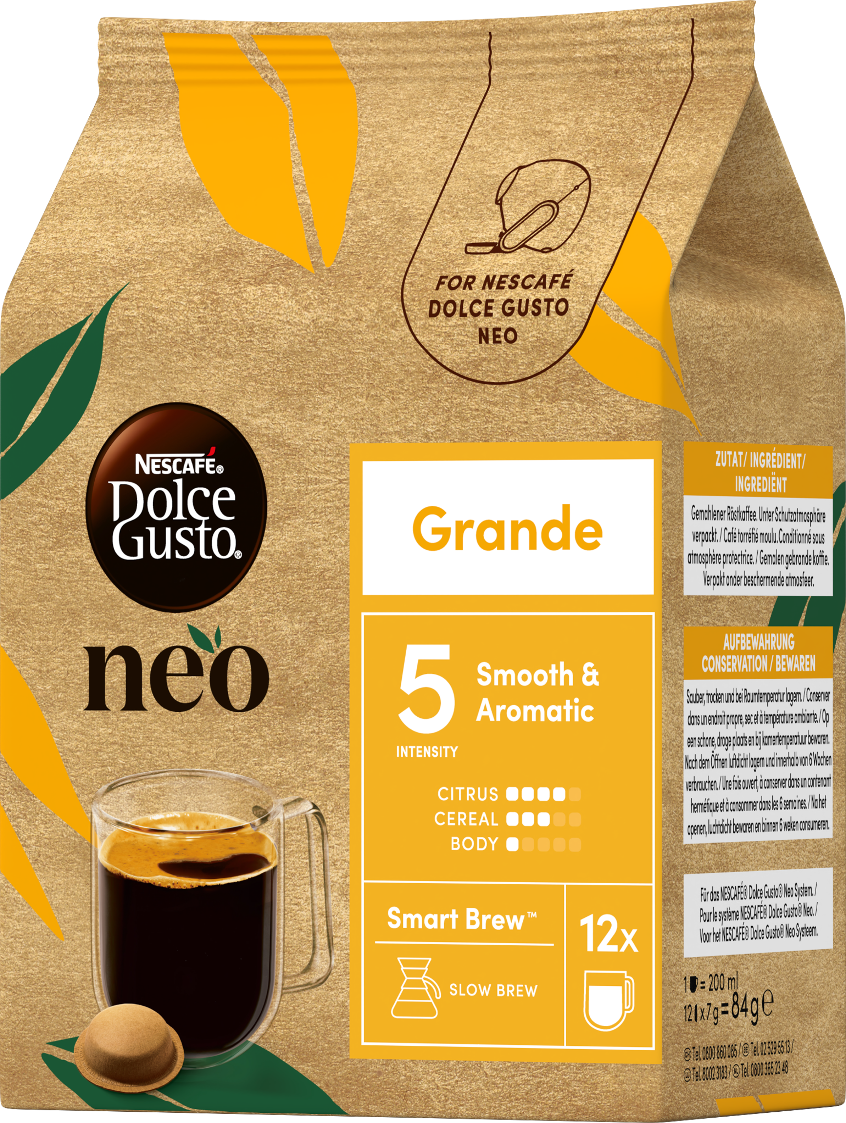 Braune Kaffeekapselverpackung Grande Neo mit Kaffeetasse, Kapsel und Aromaprofil auf der Vorderseite.