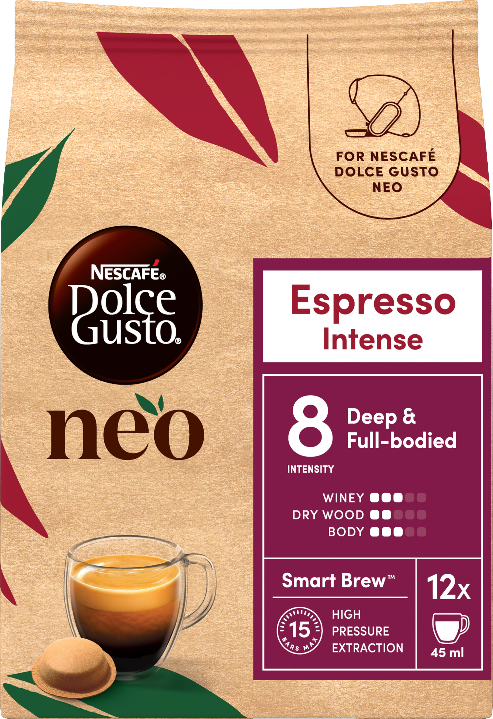 Nescafé Dolce Gusto Neo Espresso Intense Kaffeepackung mit Tasse Kaffee und Kapsel.