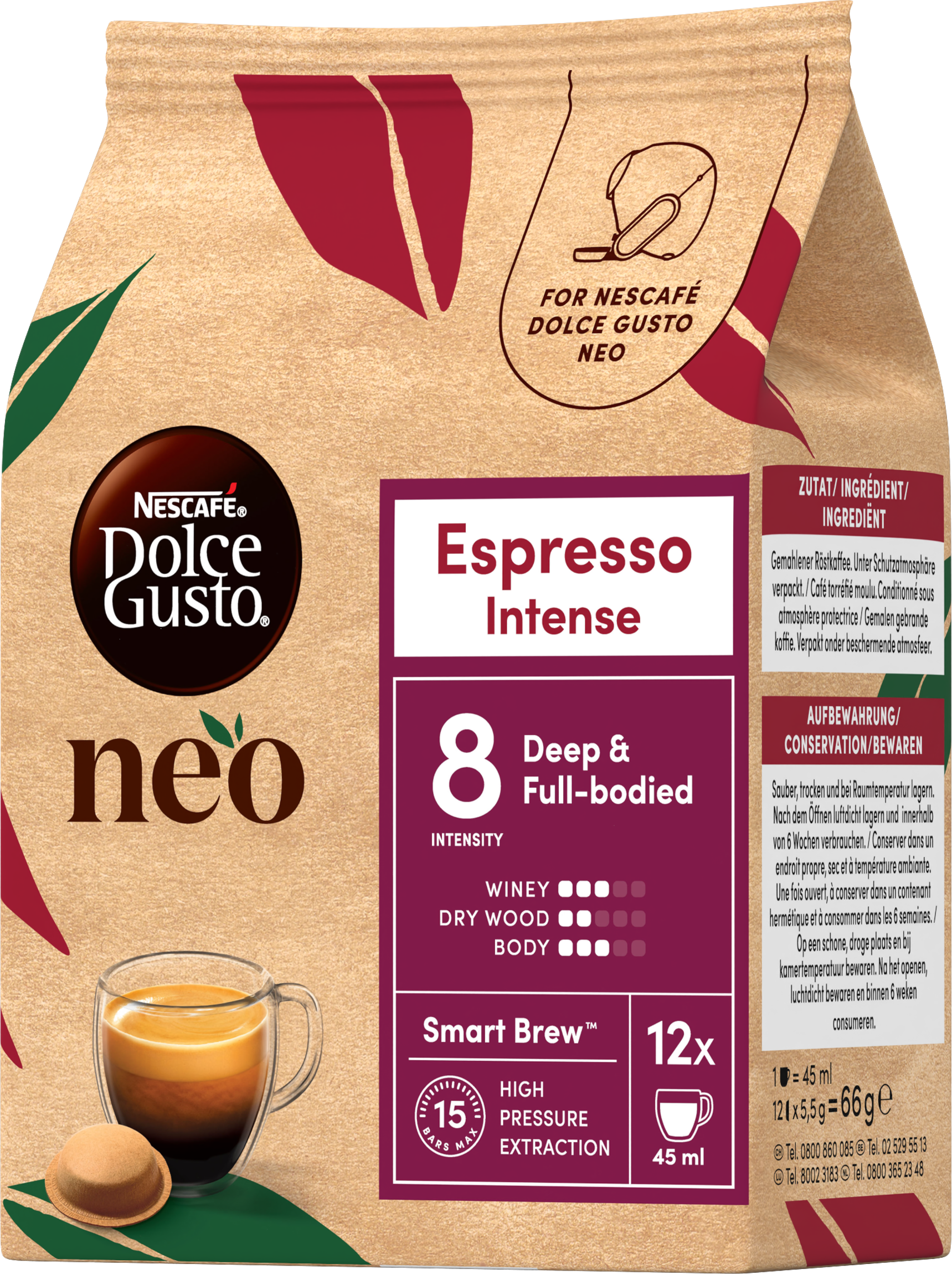 Beige Kaffeeverpackung von Nescafé Dolce Gusto Neo Espresso Intense mit Kaffeetasse und Kapsel.