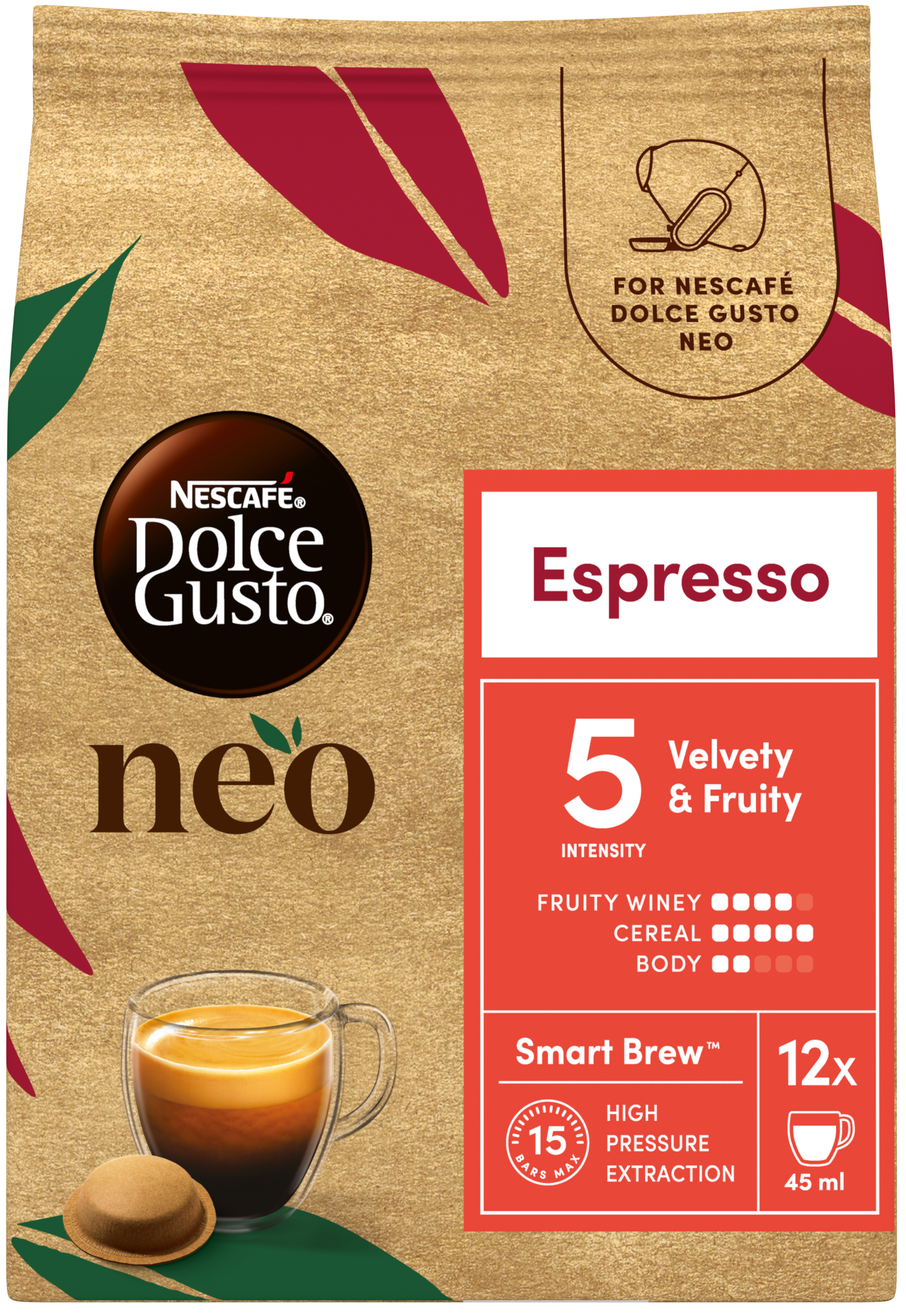 Goldfarbene Verpackung von Nescafé Dolce Gusto Neo Espresso, Kaffeepads und Espressotasse mit Crema.