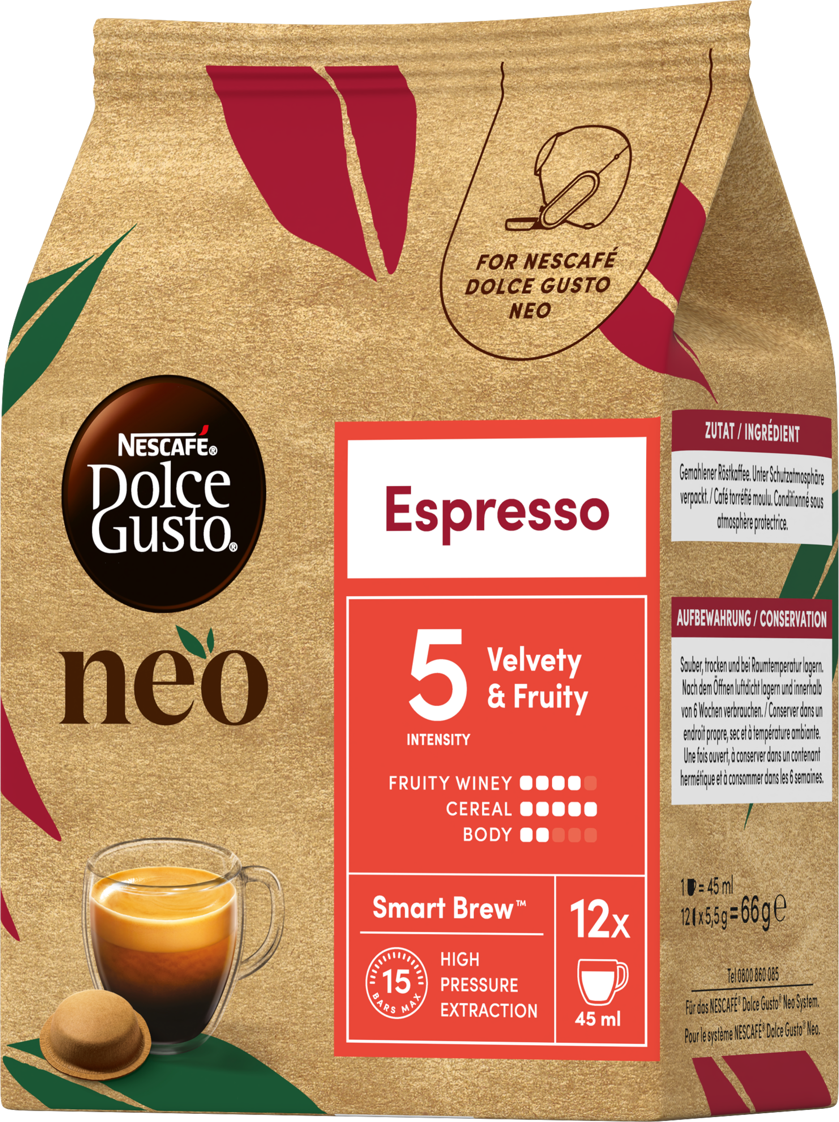 Goldfarbene Kaffeeverpackung von Nescafe Dolce Gusto Neo Espresso mit roten und grünen Details sowie einer Kaffeetasse.