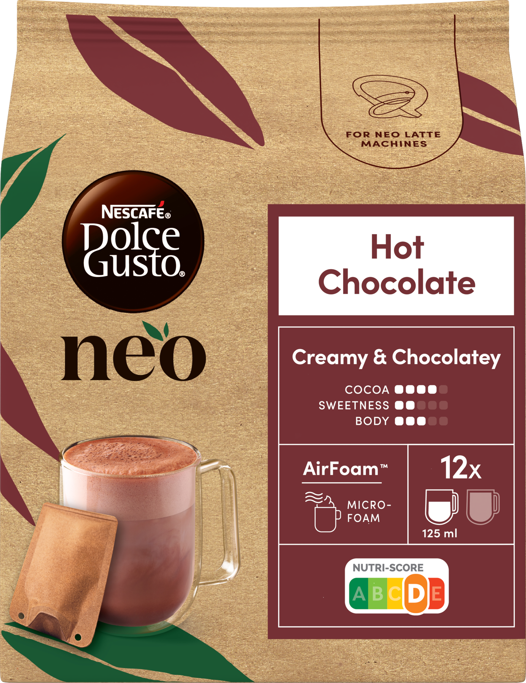 Braune Nescafé Dolce Gusto Neo Hot Chocolate Verpackung mit Becher und Pod.