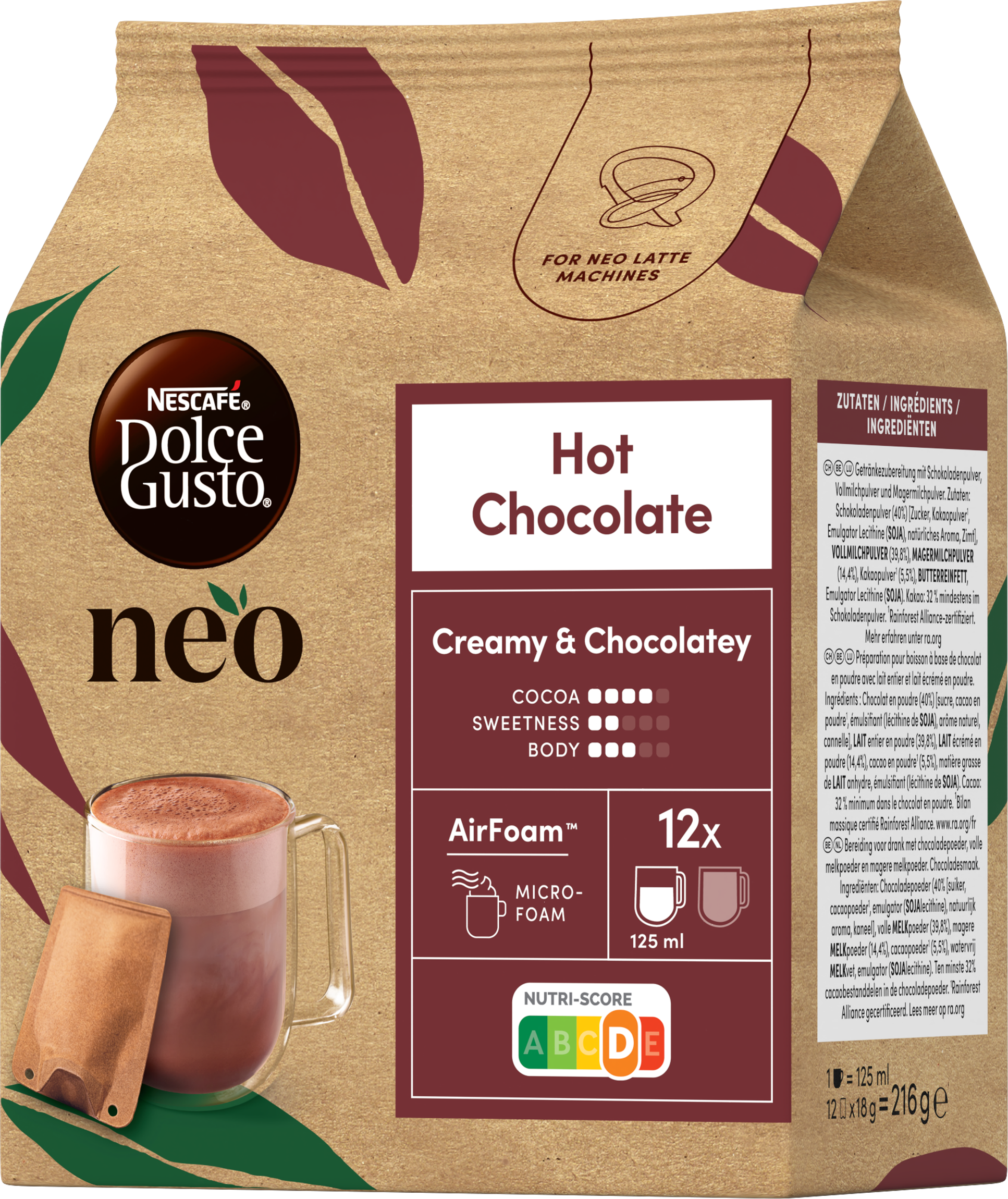 Eine braune Kaffeeverpackung für heiße Schokolade mit Becher und Pod-Grafik.