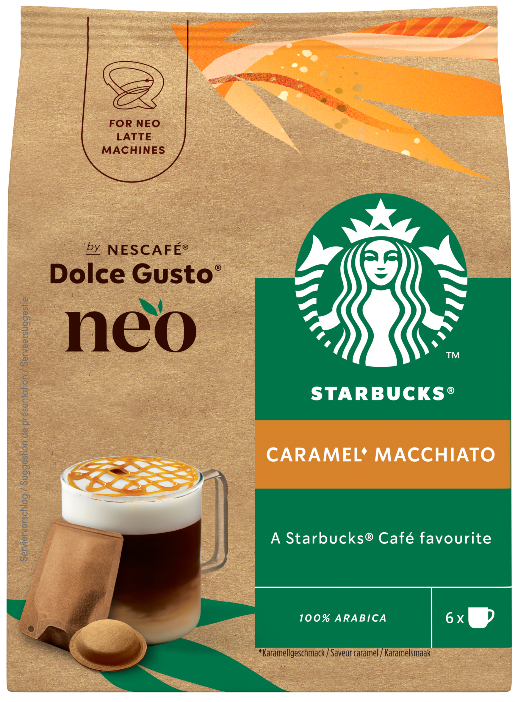 Starbucks Dolce Gusto Neo Caramel Macchiato Kaffeeverpackung mit einer Tasse Kaffee und Kaffeekapseln.