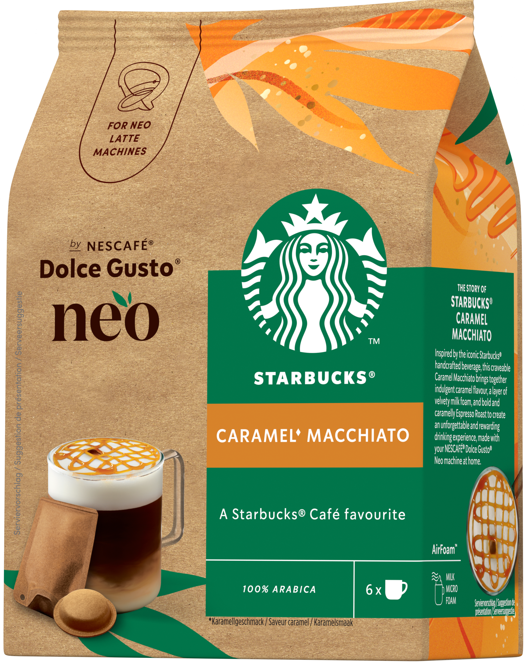 Starbucks Dolce Gusto Neo Caramel Macchiato Kaffeekapselverpackung aus braunem Papier.