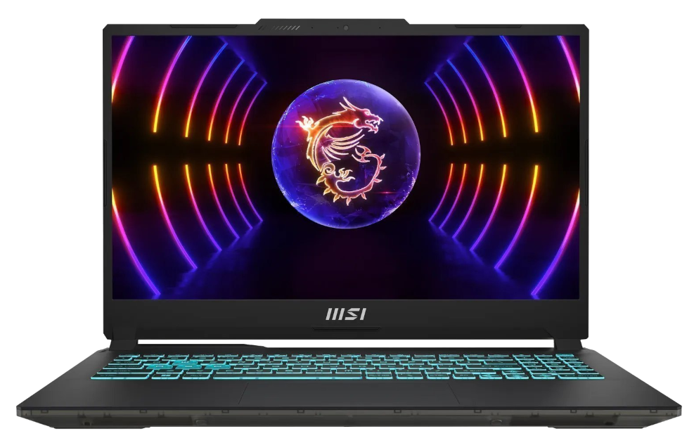 Czarny laptop do gier MSI z niebieskim podświetleniem klawiatury i świecącym logo smoka na ekranie.