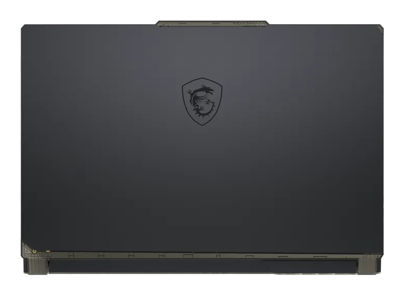 Ciemna pokrywa laptopa ze złotym logo smoka w tarczy na środku.