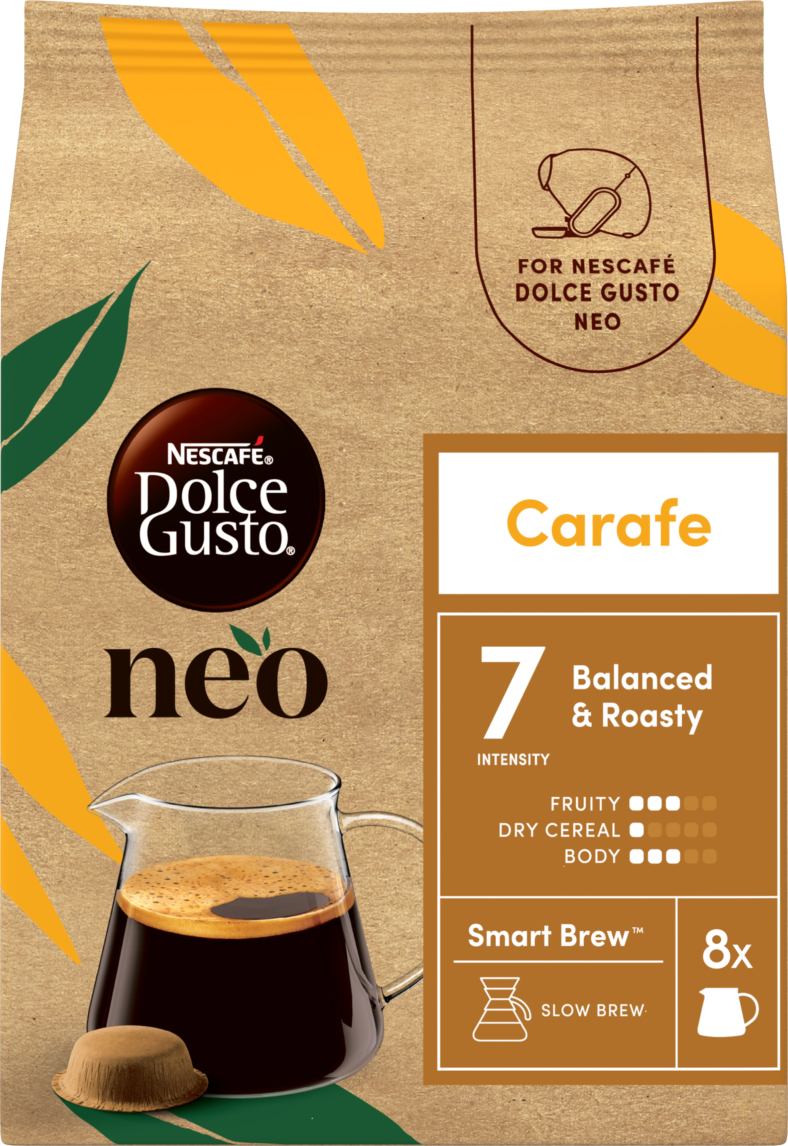 Nescafe Dolce Gusto Neo Carafe Kaffeeverpackung mit einer Tasse Kaffee und einem Pad auf braunem Hintergrund.