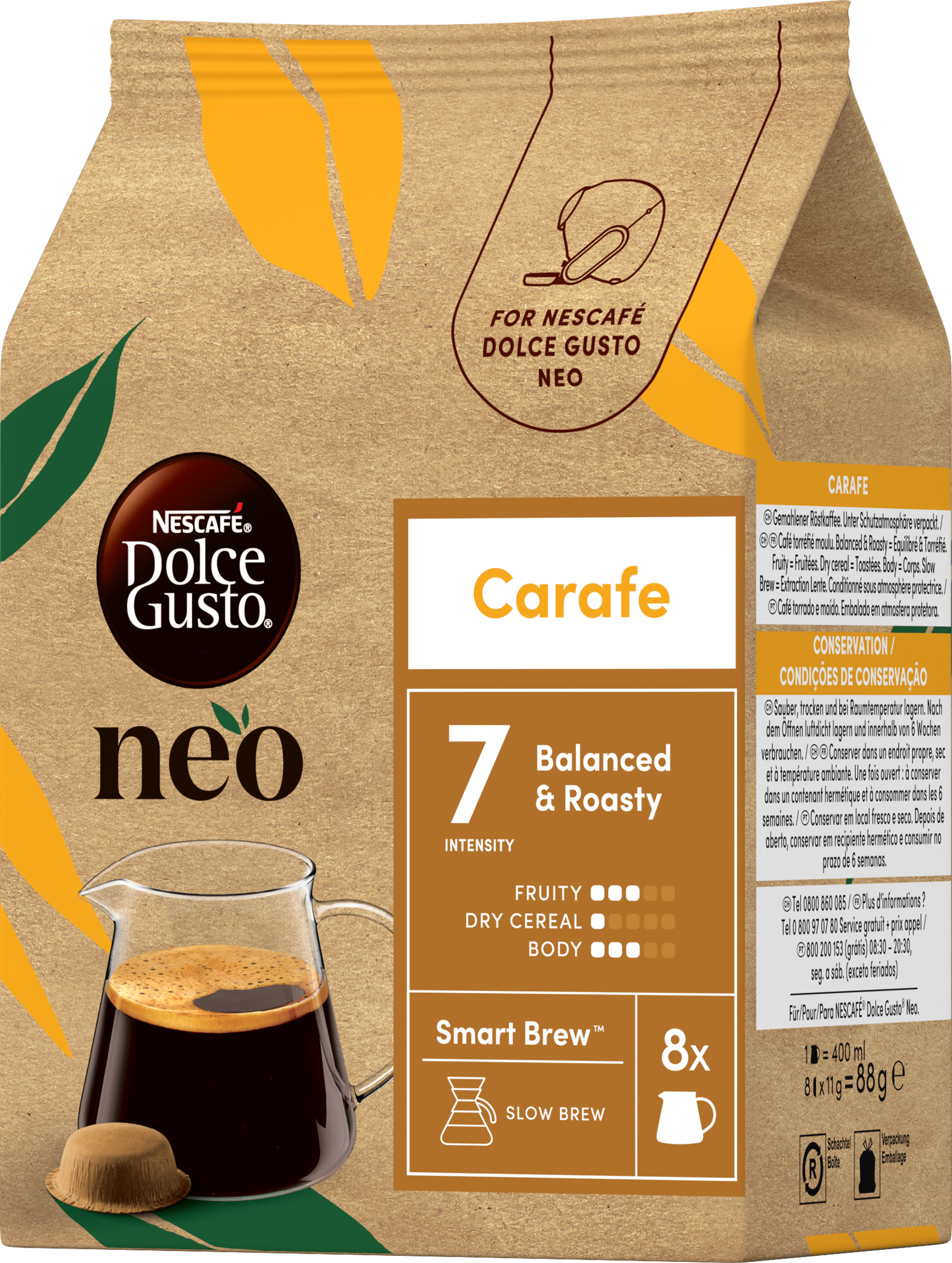 Eine braune Kaffeekapselverpackung von Nescafé Dolce Gusto Neo mit Kaffeekanne und Kapsel.