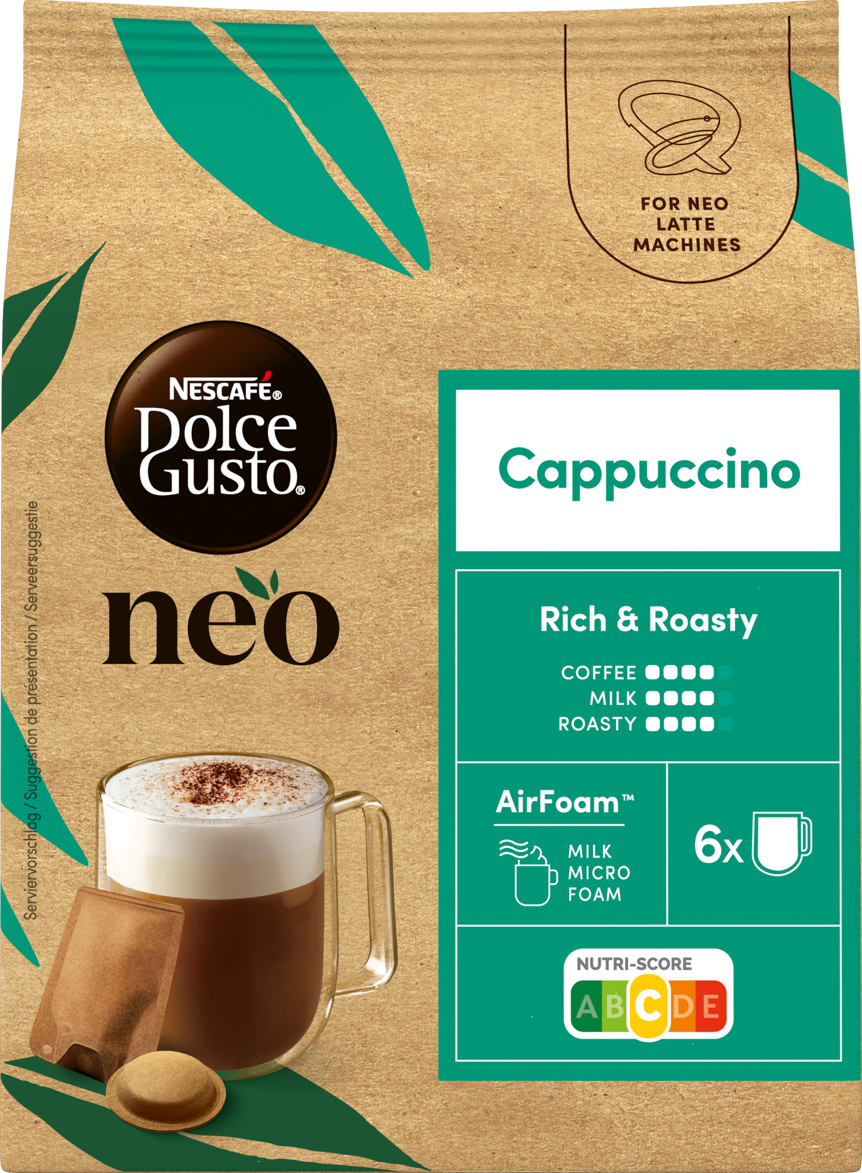 Nescafe Dolce Gusto Neo Cappuccino Verpackung mit Becher, Kapsel und grünen Akzenten auf braunem Papier.
