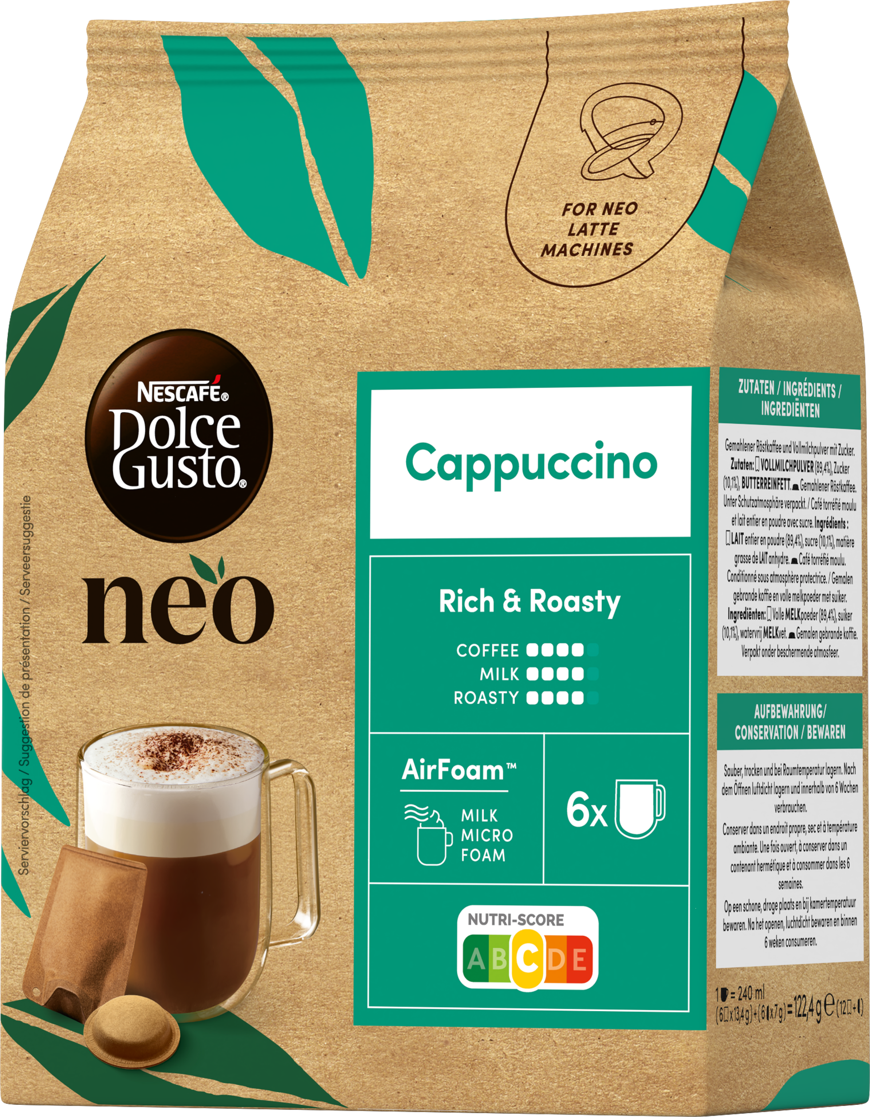 Eine braune Kaffeekapselpackung von Nescafe Dolce Gusto Neo Cappuccino mit Kaffeetasse.
