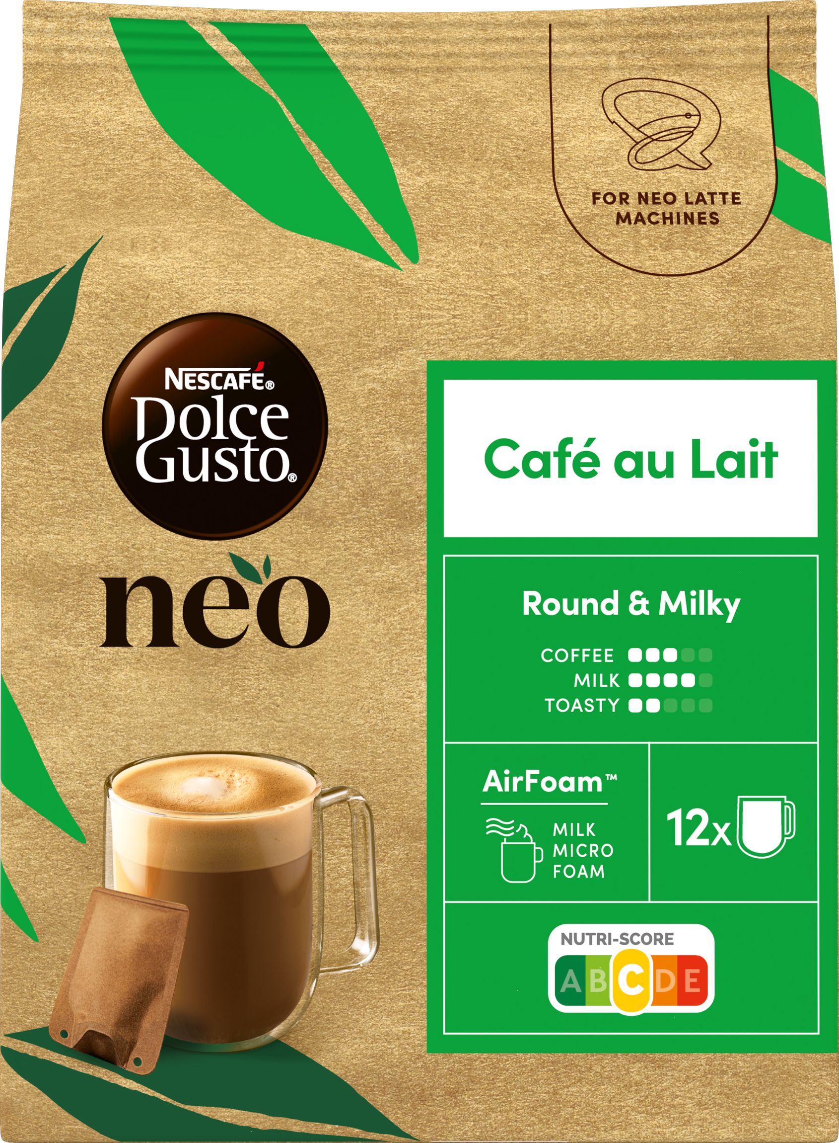 Nescafe Dolce Gusto Neo Cafe au Lait Verpackung mit Tasse Kaffee und grünen Akzenten.