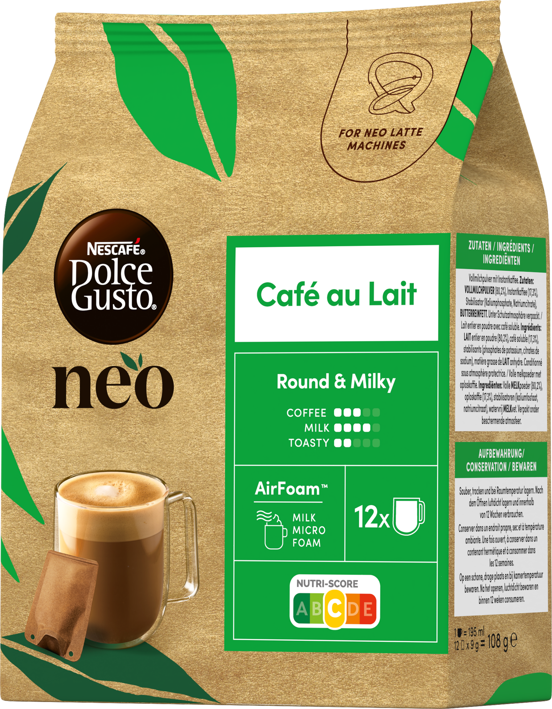 Goldfarbene Kaffeeverpackung von Nescafe Dolce Gusto Neo für Café au Lait, mit Glas Kaffee und Nährwert-Score B.