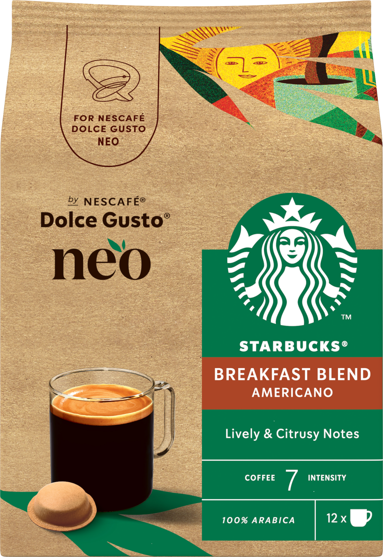 Starbucks Breakfast Blend Americano Kaffeeverpackung mit Tasse und Kapsel.