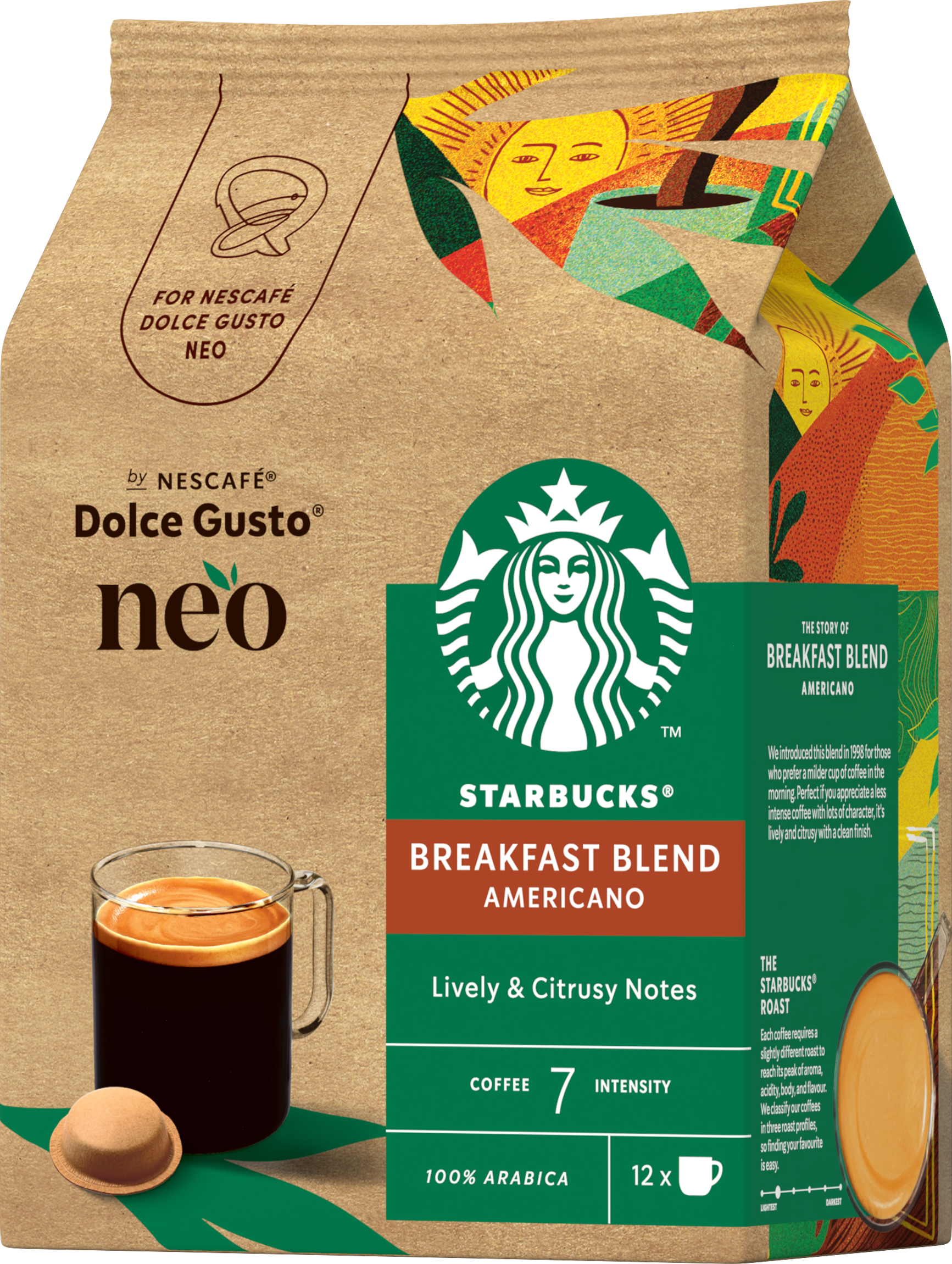 Starbucks Breakfast Blend Americano Kaffeekapselverpackung in Braun und Grün mit einer Tasse Kaffee.