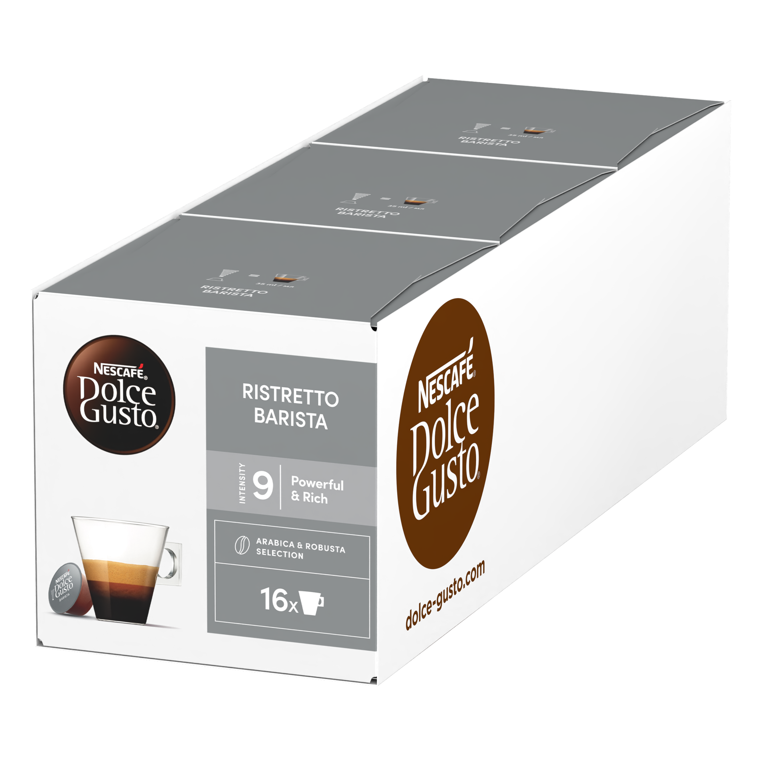 Eine weiße Nescafe Dolce Gusto Ristretto Barista Kaffeekapselverpackung mit grauem Design auf schwarzem Hintergrund.