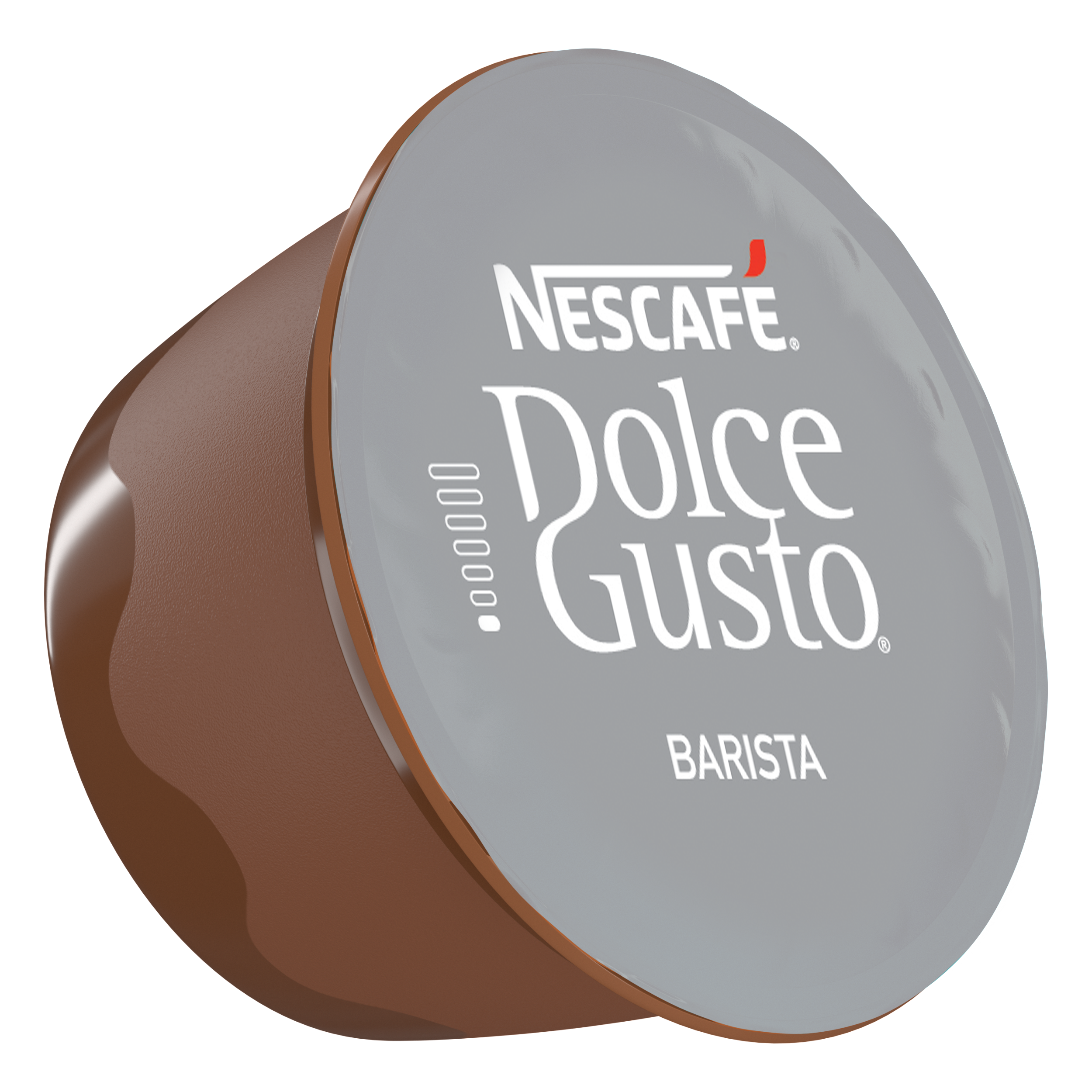 Eine braune Nescafe Dolce Gusto Barista Kaffeekapsel vor schwarzem Hintergrund.