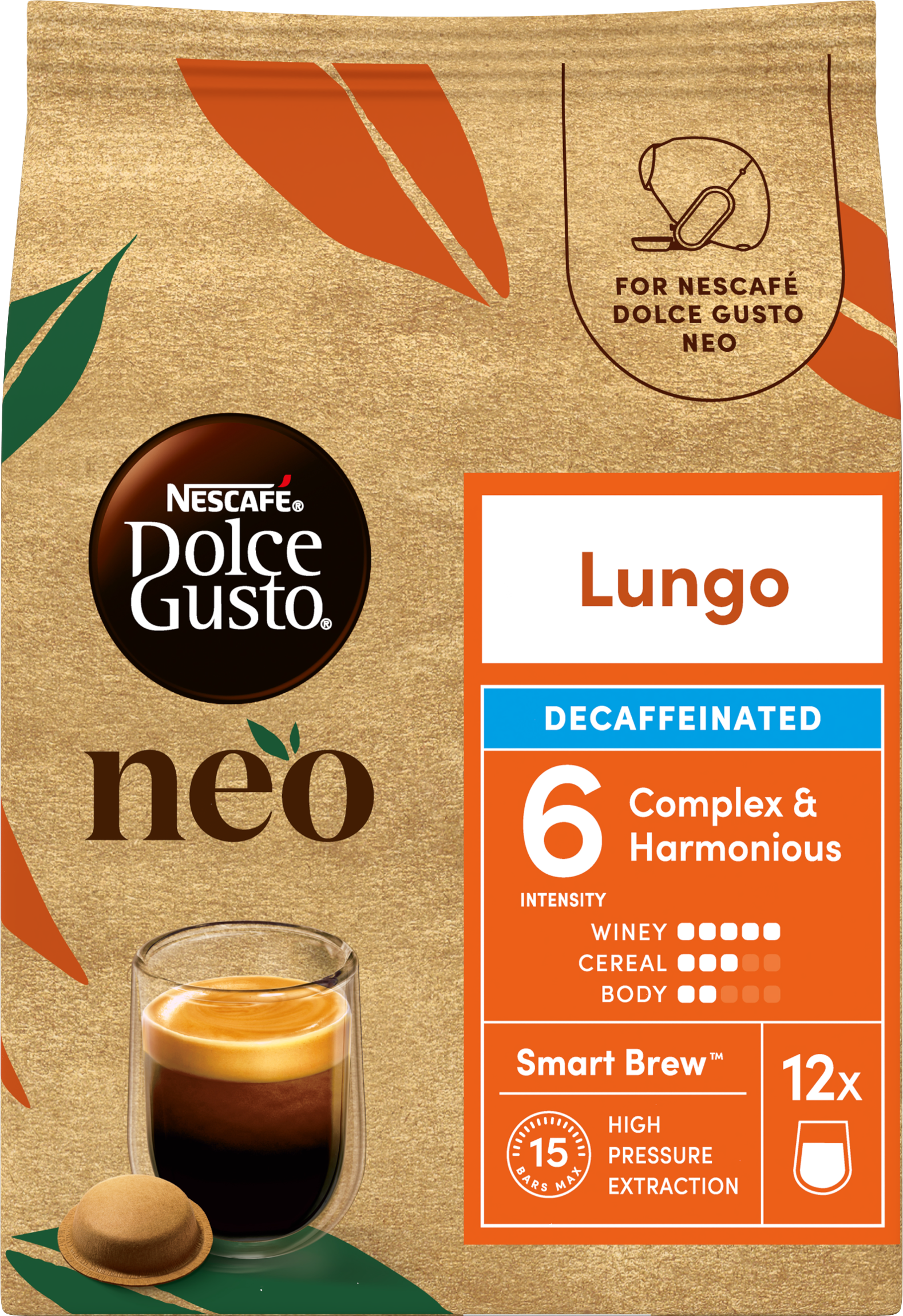 Goldfarbene Verpackung von Nescafé Dolce Gusto Neo Decaffeinated Lungo mit Kaffeekapsel und Tasse.