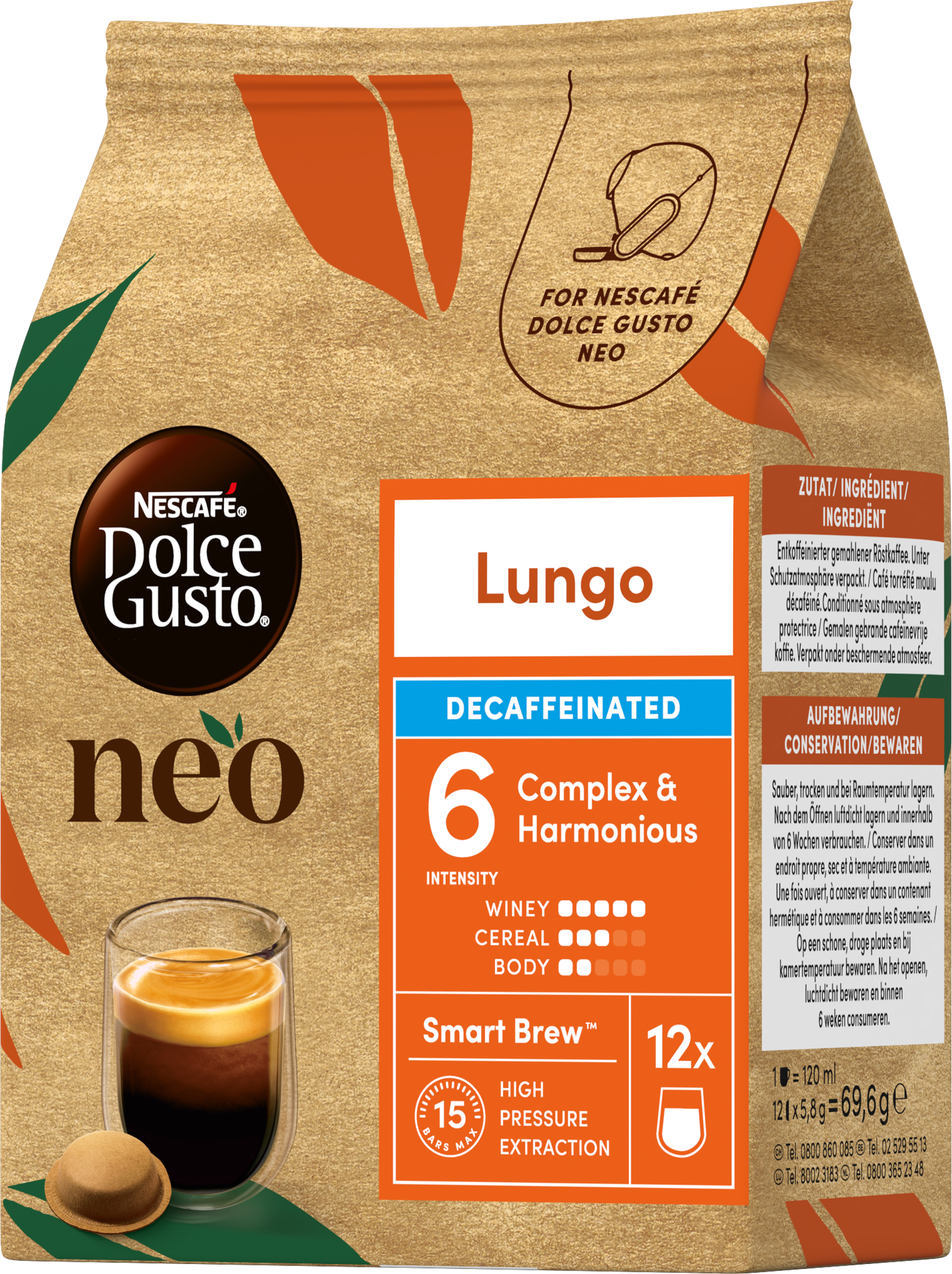 Kaffeeverpackung für Nescafé Dolce Gusto Neo Decaffeinated Lungo mit einer Kaffeetasse und einer Kaffeekapsel.