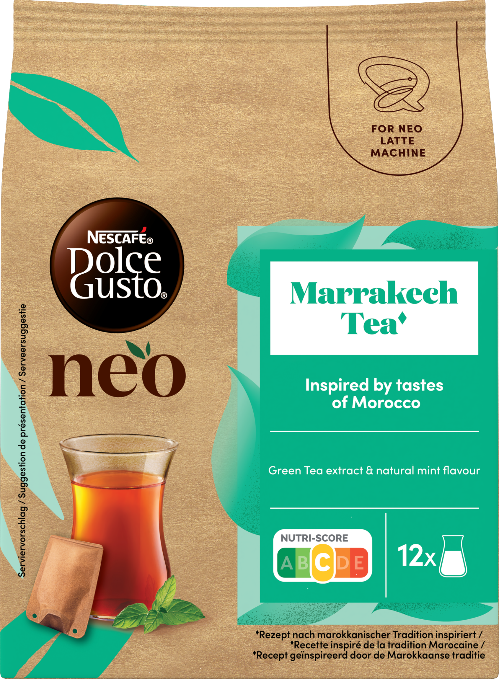 Confezione di tè Marrakech Nescafe Dolce Gusto Neo con un bicchiere di tè, foglie di menta e Nutri-Score C.