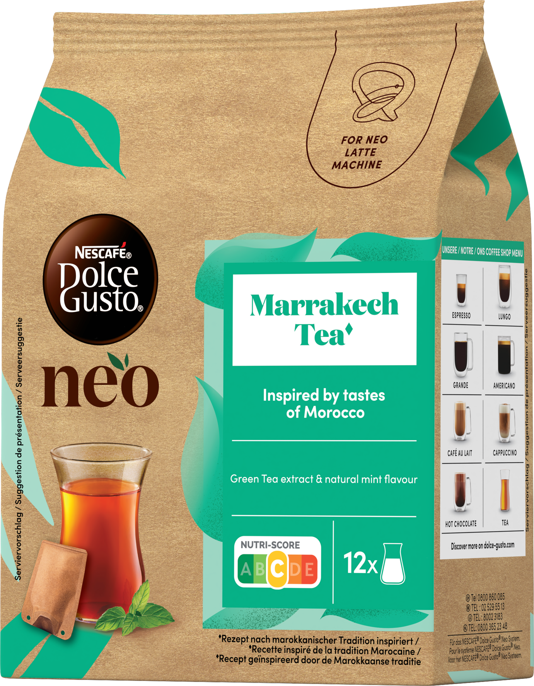 Confezione Nescafe Dolce Gusto Neo Marrakesh Tea con bicchiere e menta.