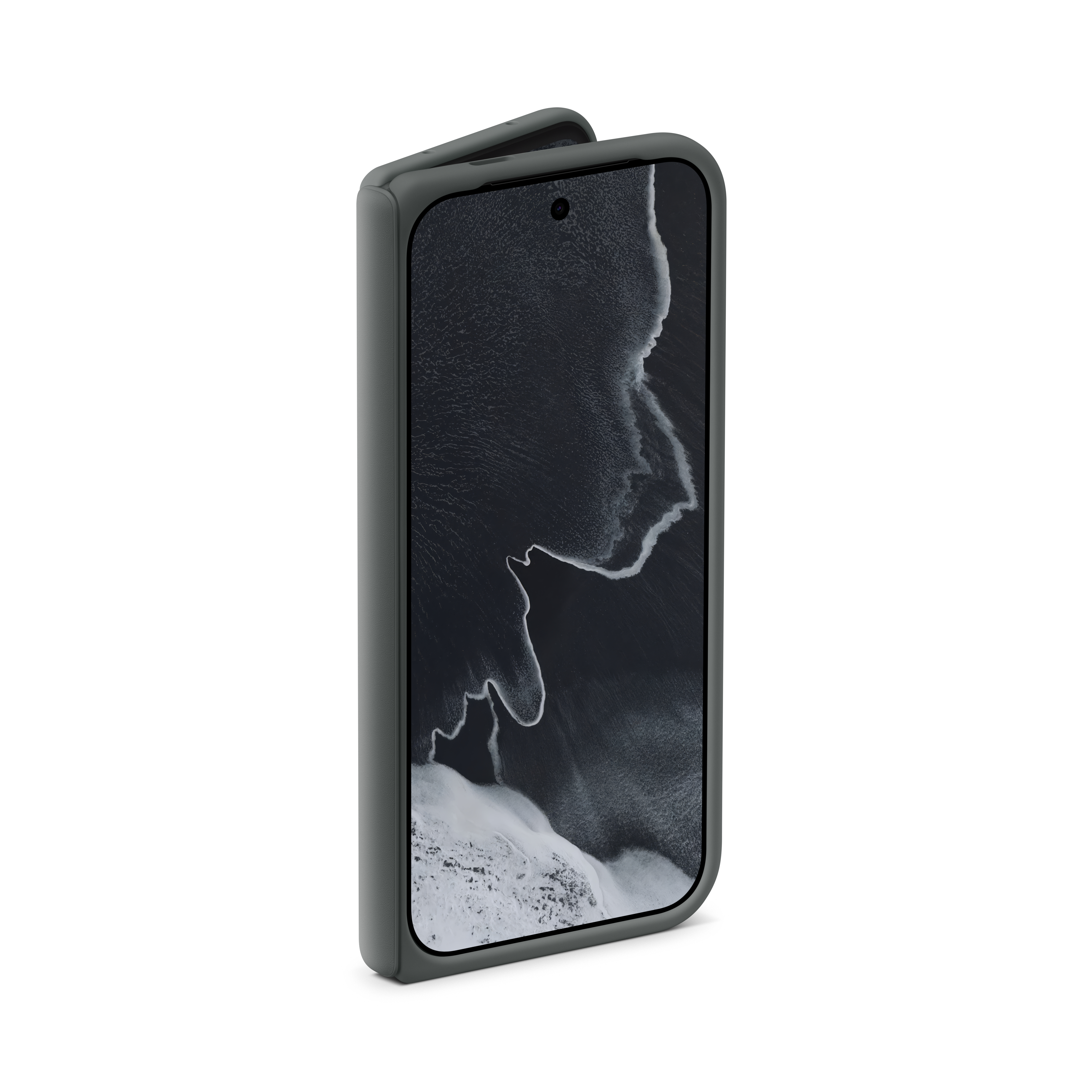 Ein Smartphone mit grauer Schutzhülle und dunklem Hintergrundbild zeigt sich schräg.