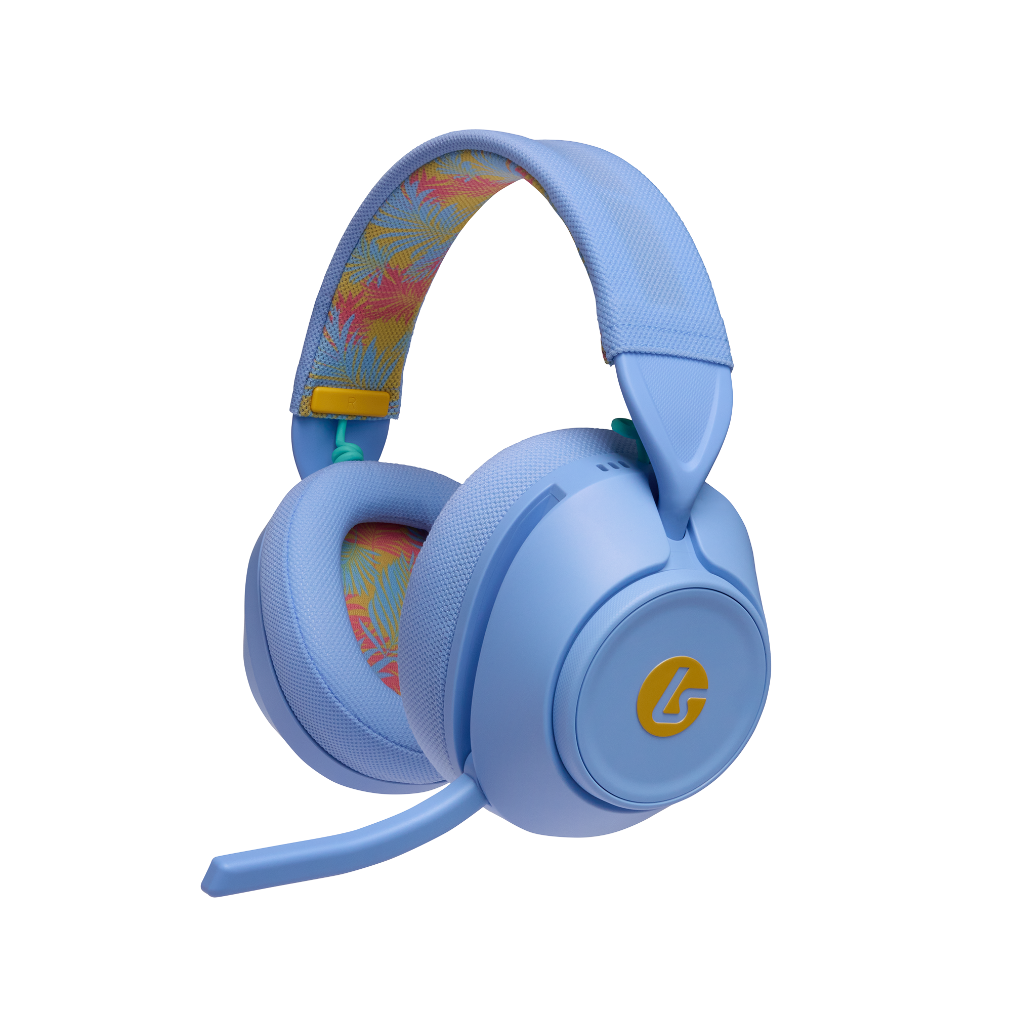 Blaue Gaming-Headset mit gelbem Logo, Mikrofon und buntem Blumenmuster innen auf schwarzem Hintergrund.