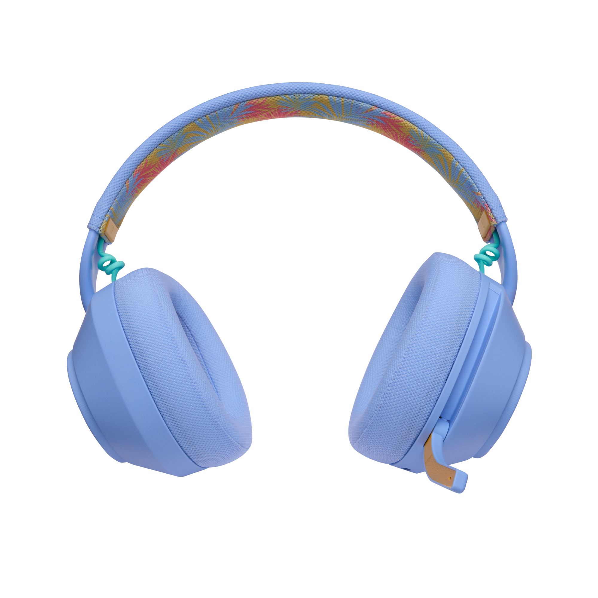 Blaue kabellose Gaming-Headset mit gepolstertem Kopfband und bunten Mustern vor schwarzem Hintergrund.