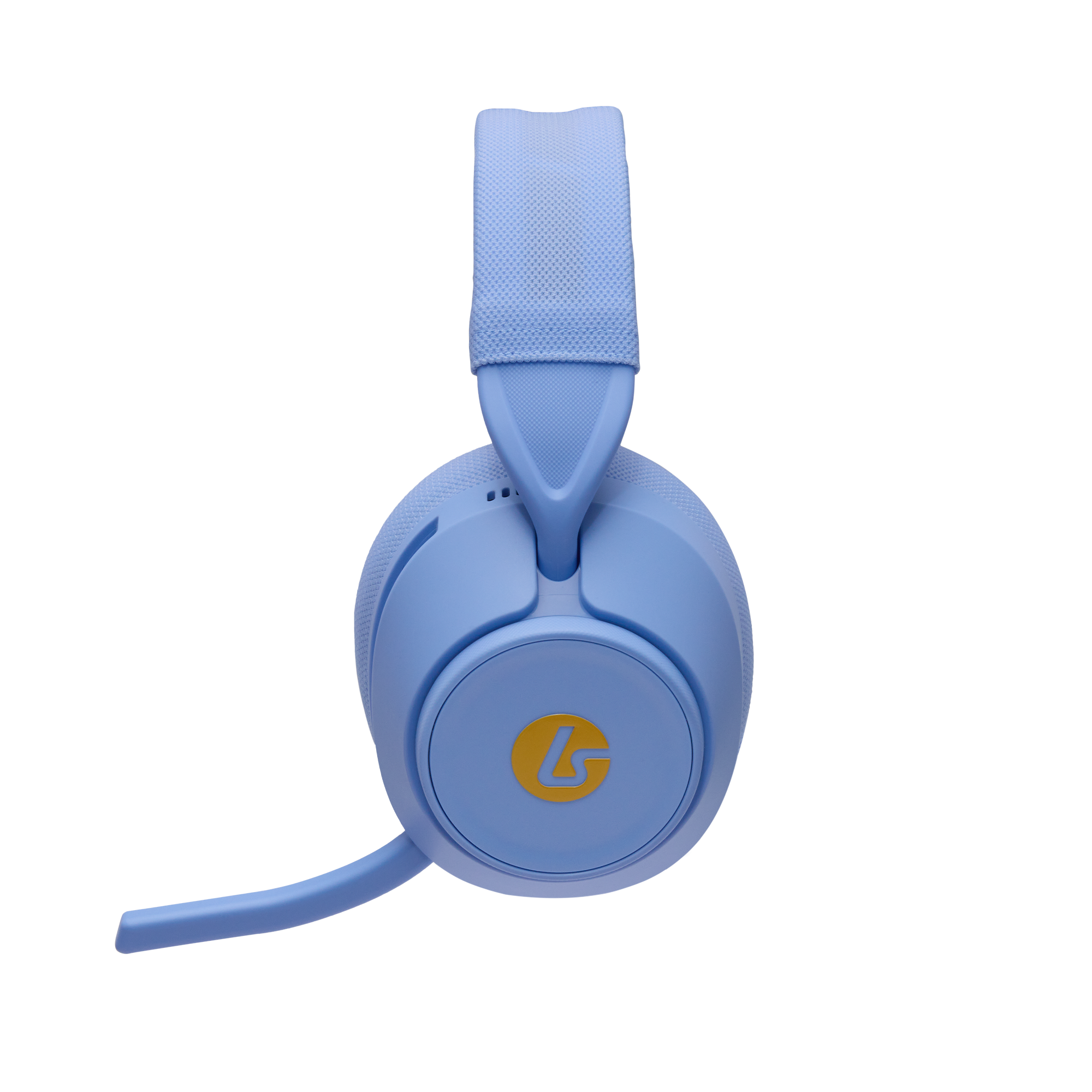 Blaue Gaming-Headset mit einem gelben Logo auf der Ohrmuschel und einem Mikrofonarm gegen schwarzem Hintergrund.