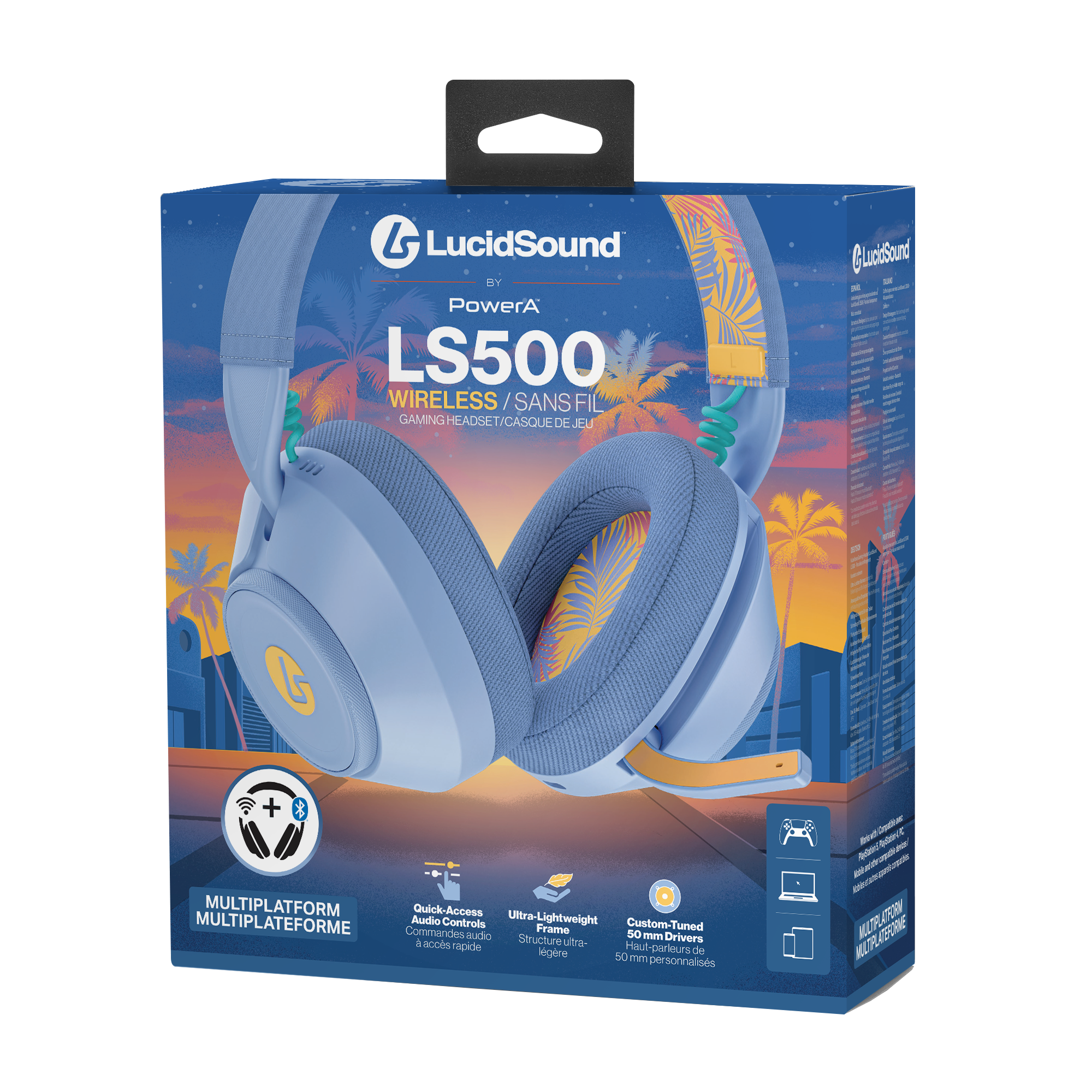 Blaue LucidSound LS500 Wireless Gaming-Headset-Verpackung mit tropischem Palmen-Hintergrund.