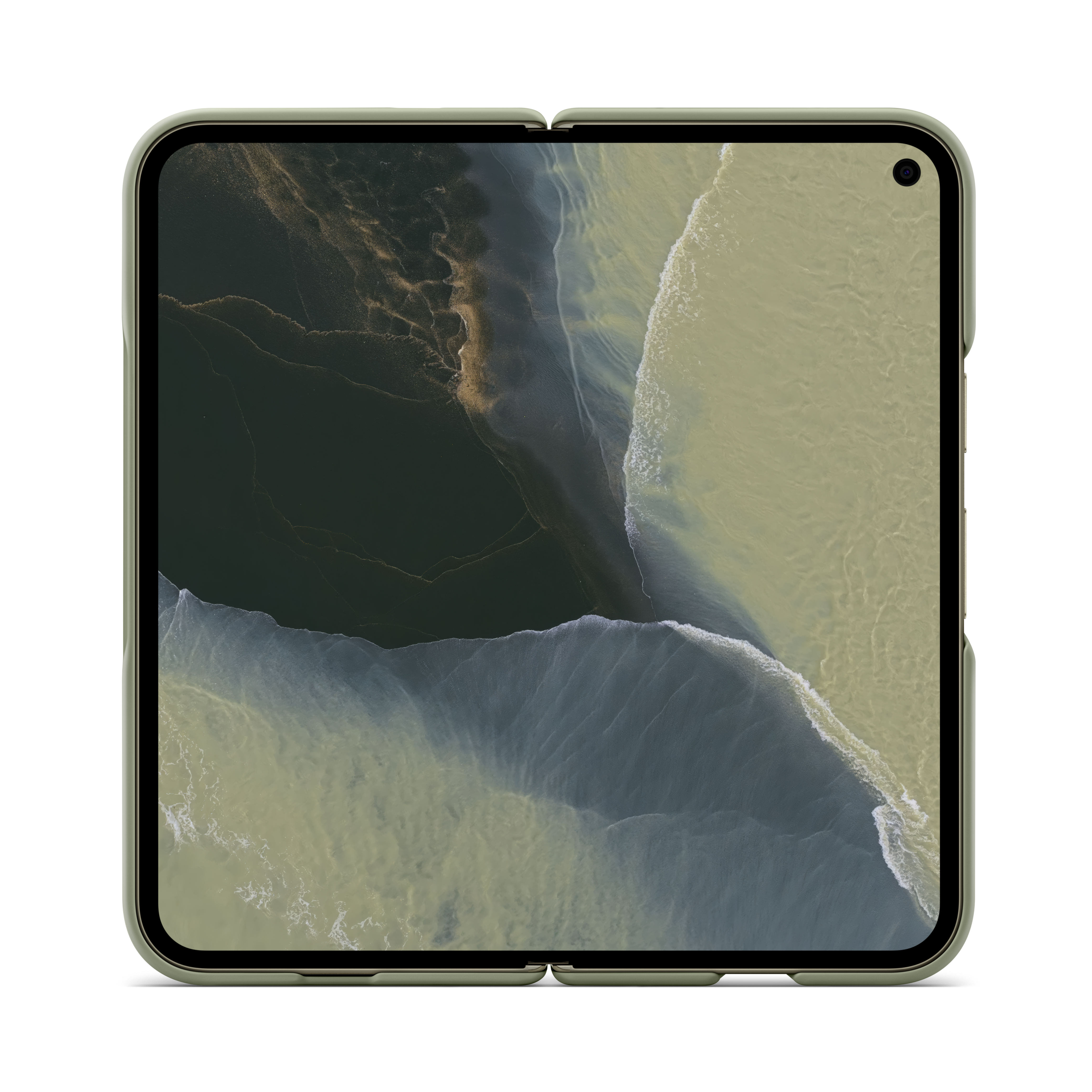 Ein aufgeklapptes faltbares Smartphone mit hellgrüner Hülle und Luftaufnahme von Strandwellen als Hintergrund.