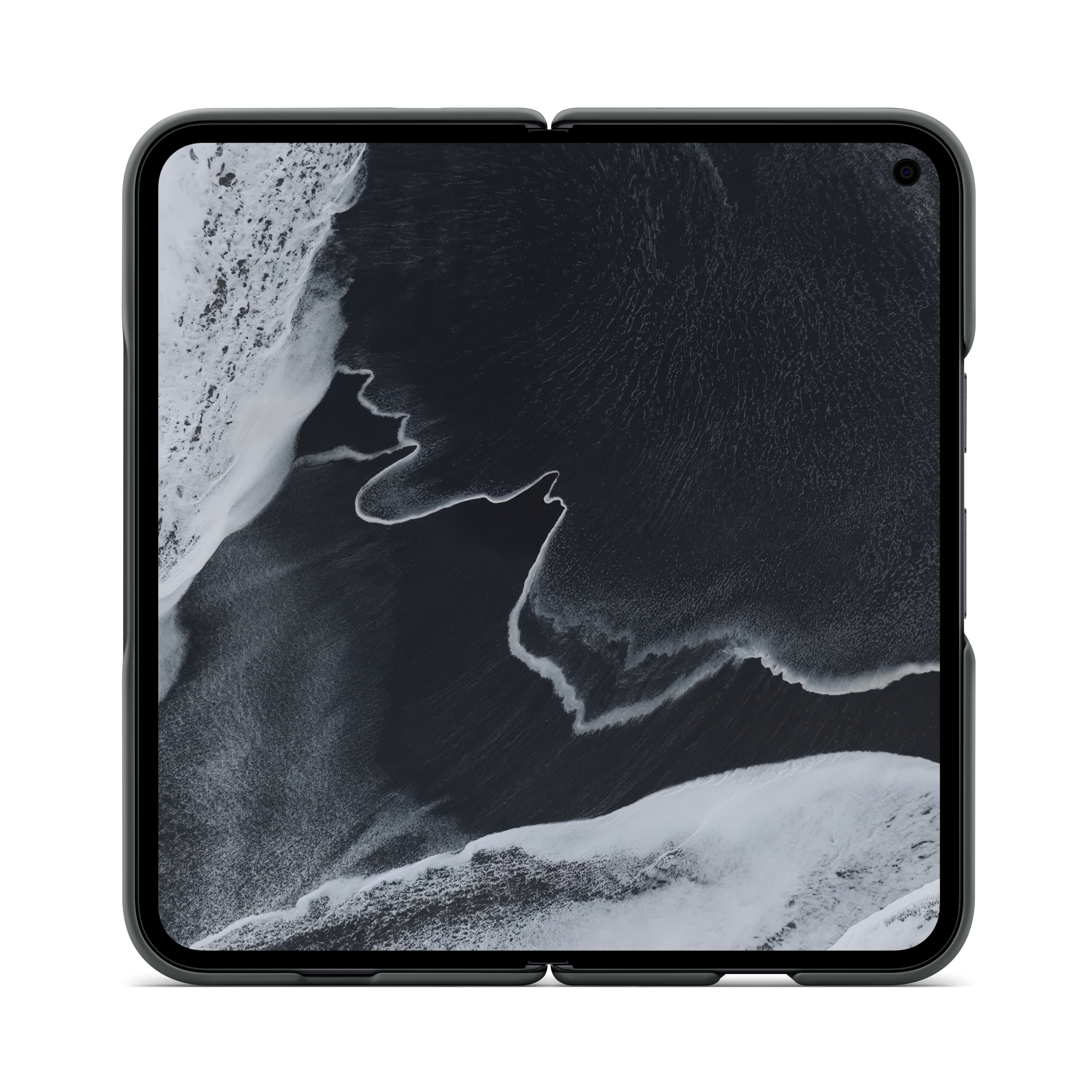 Ein aufgeklapptes, quadratisches Smartphone zeigt ein Schwarz-Weiß-Bild von Wellen an einer Küste.