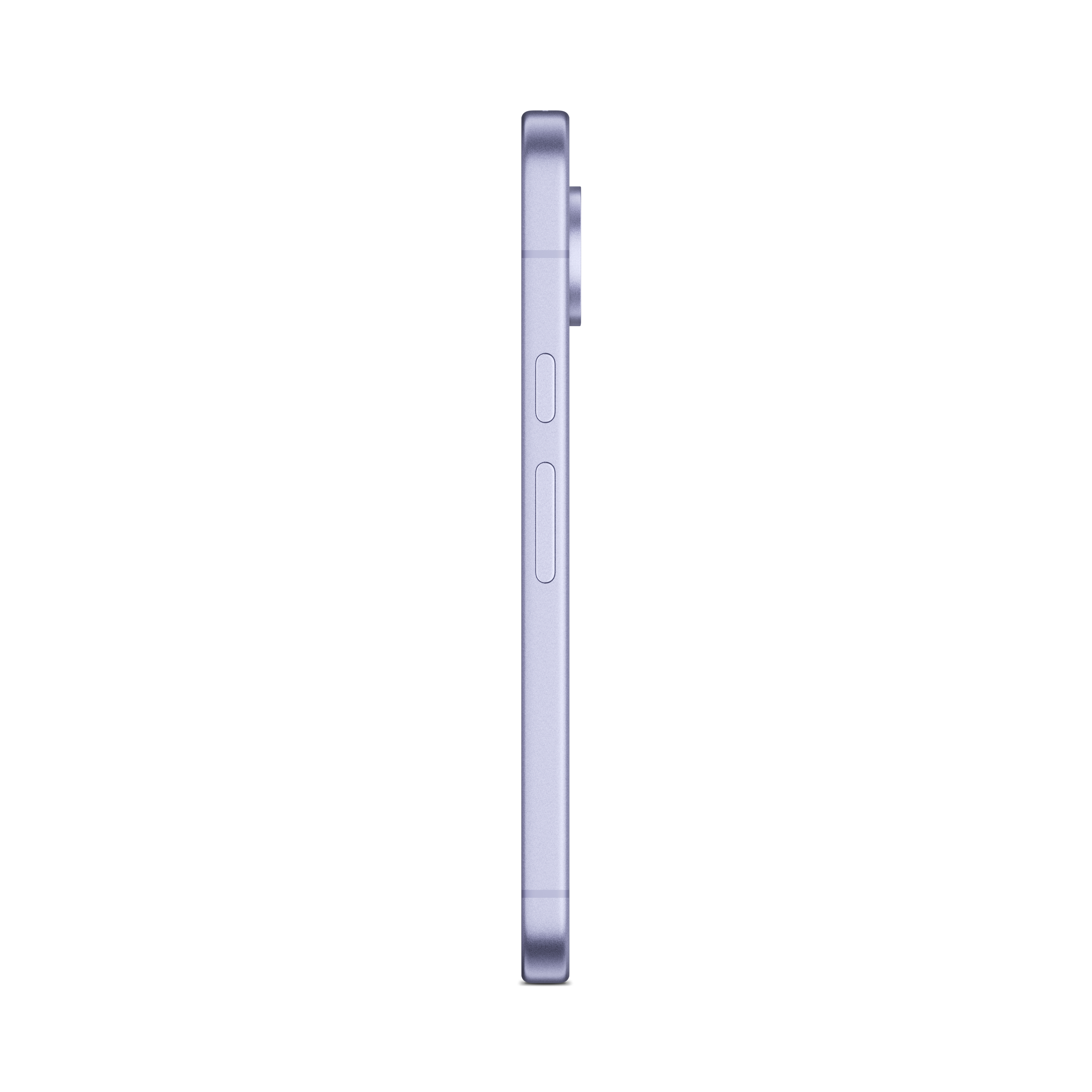 Seitenansicht eines violetten Smartphones mit sichtbaren Lautstärke- und Einschalttasten auf weißem Hintergrund.