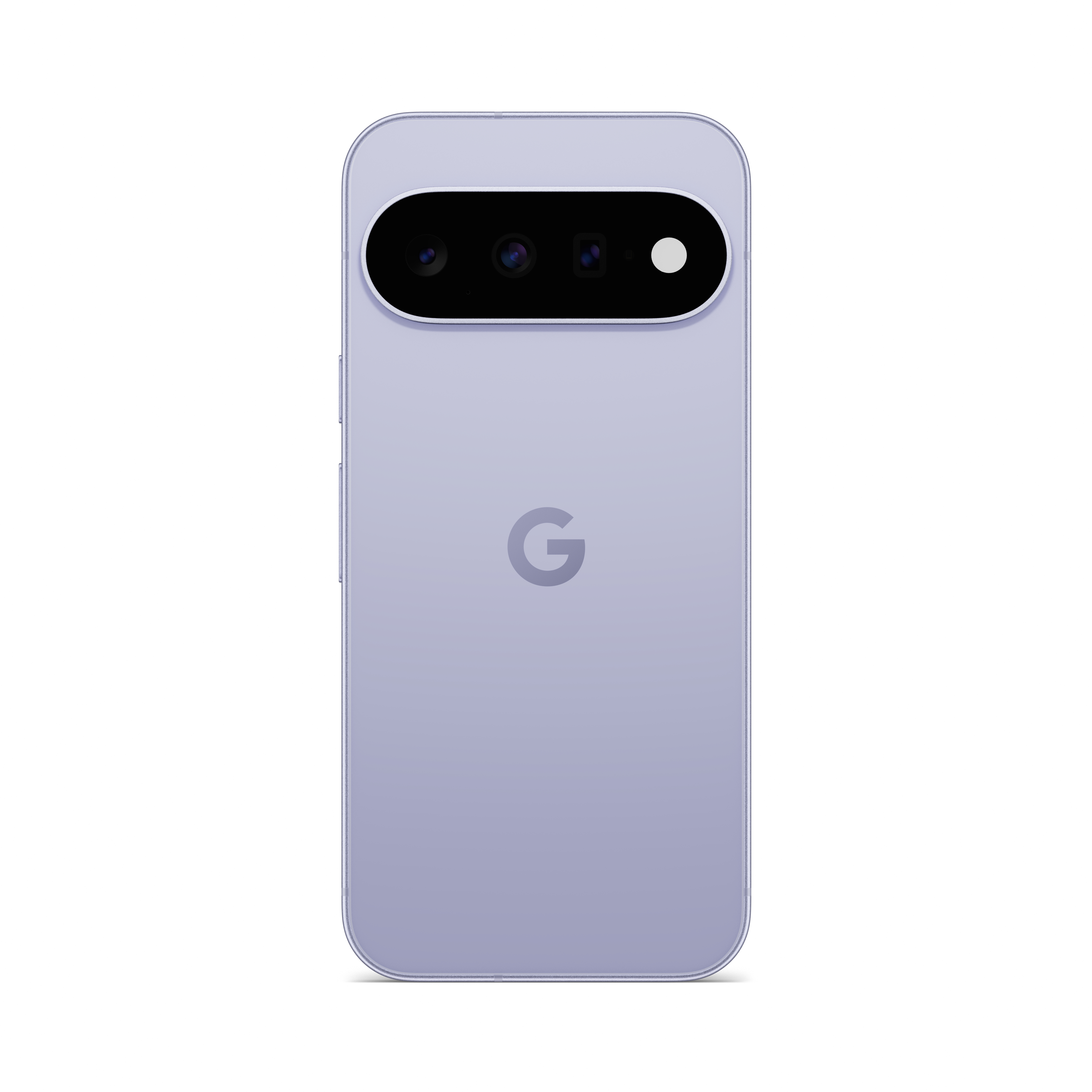 Rückseite eines hellvioletten Smartphones mit horizontalem Kameramodul und Google-Logo.