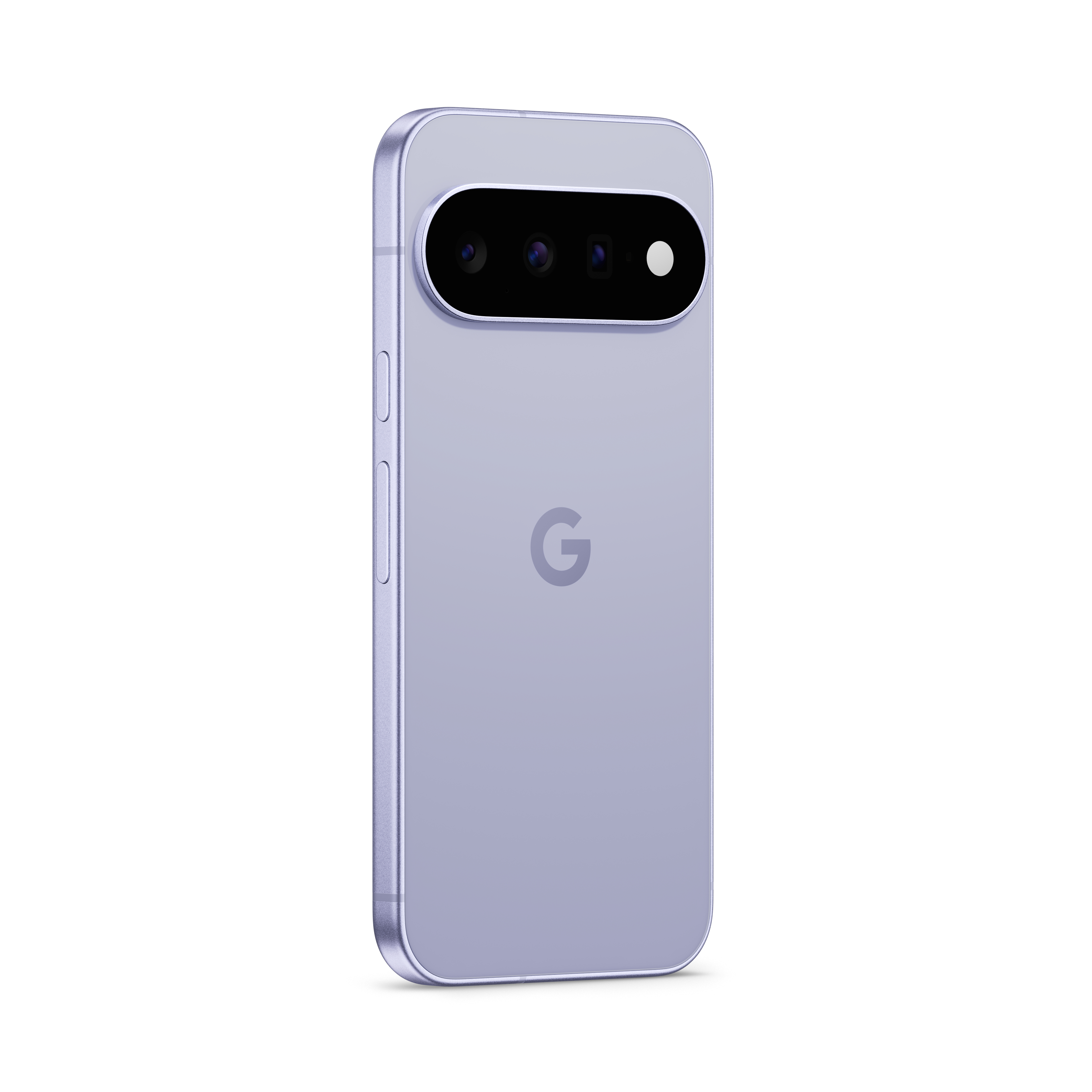 Rückseite eines hellvioletten Smartphones mit horizontalem Kameramodul oben und dem Google-Logo in der Mitte.