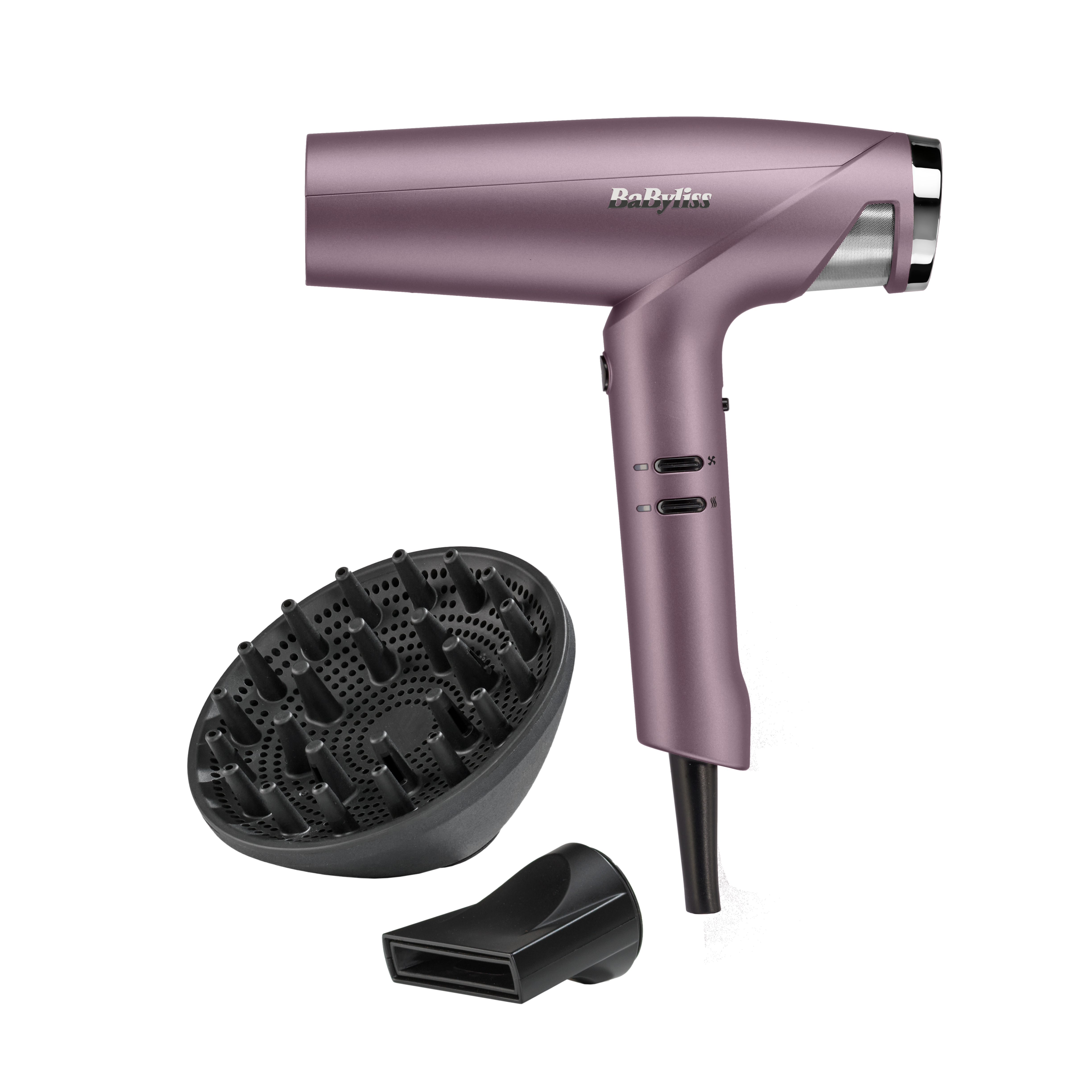 Ein metallic-lila BaByliss Haartrockner mit schwarzem Diffusor und Düse auf weißem Hintergrund.