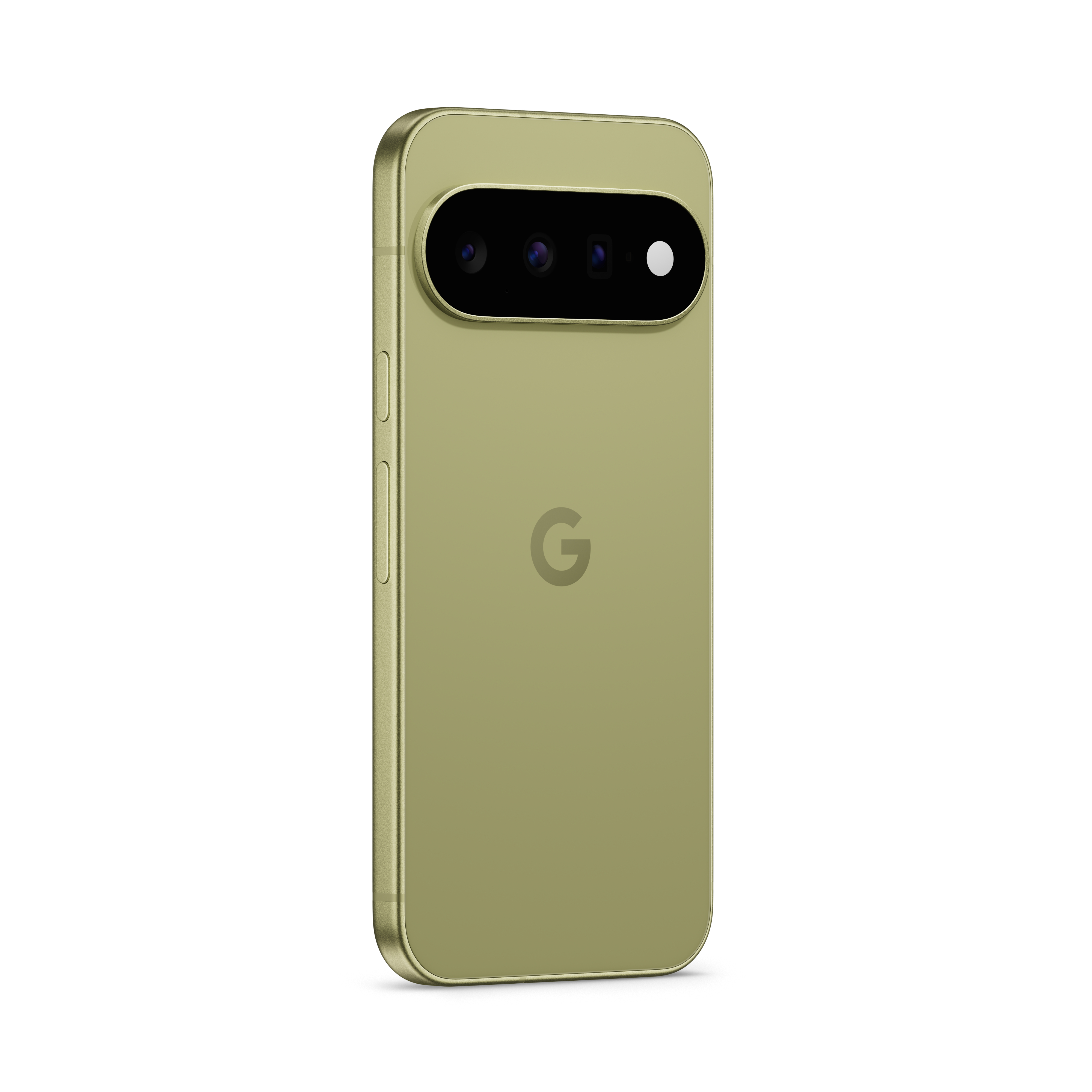 Rückansicht eines hellgrünen Smartphones mit einer horizontalen Dreifachkamera und dem Google-Logo in der Mitte.