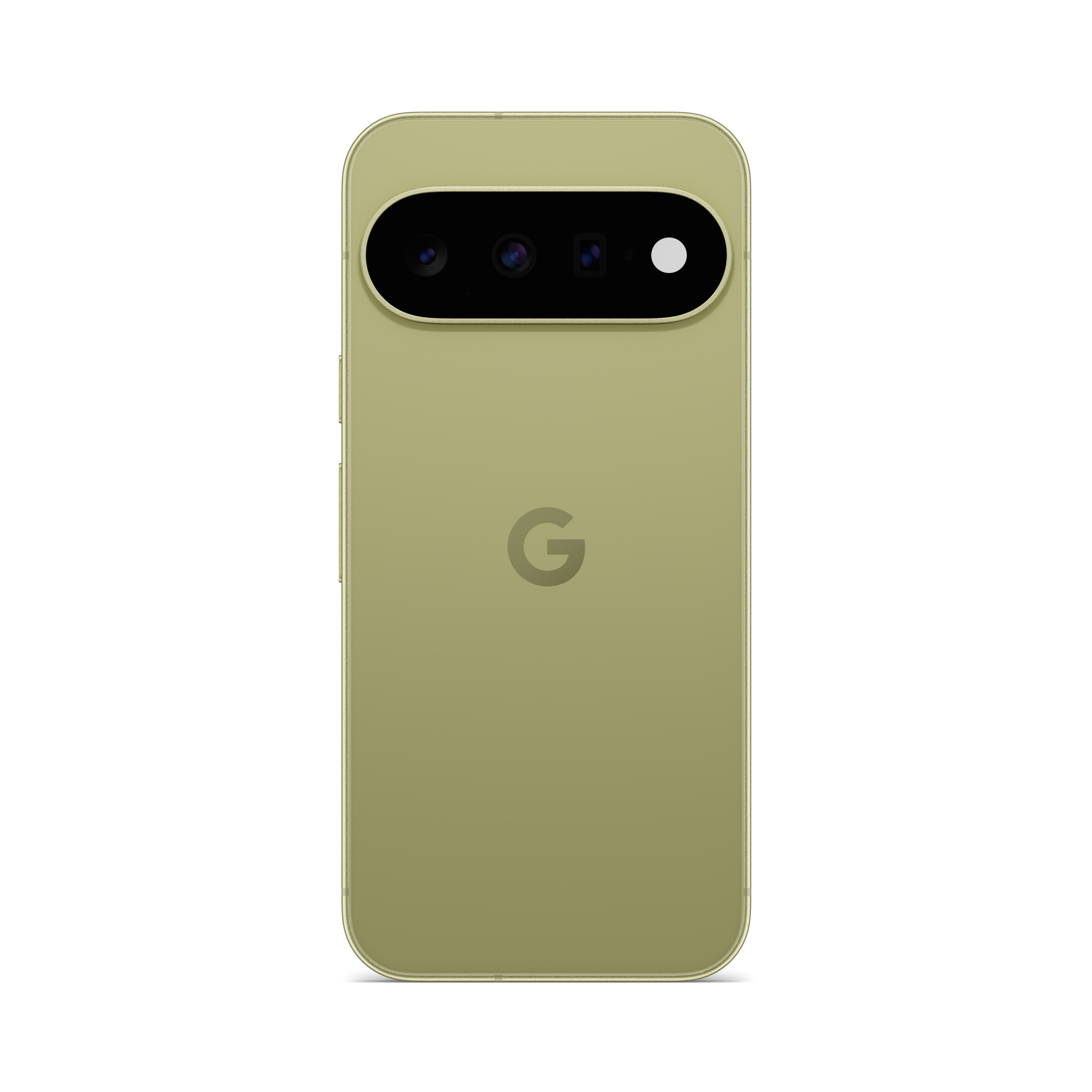 Rückseite eines hellgrünen Google-Smartphones mit horizontalem Kameramodul oben und Google-Logo in der Mitte.