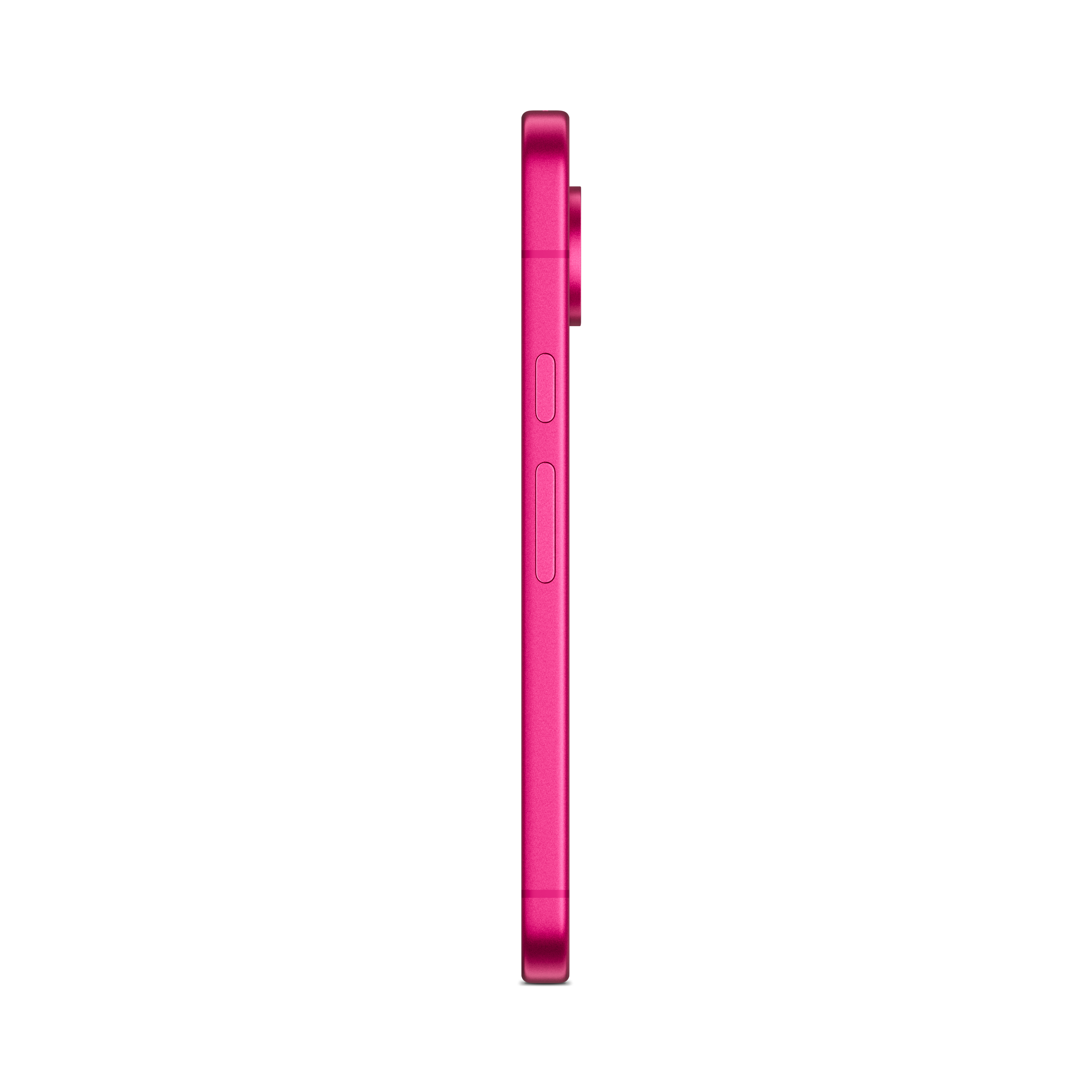 Seitenansicht eines rosa Smartphones mit sichtbaren Knöpfen vor weißem Hintergrund.