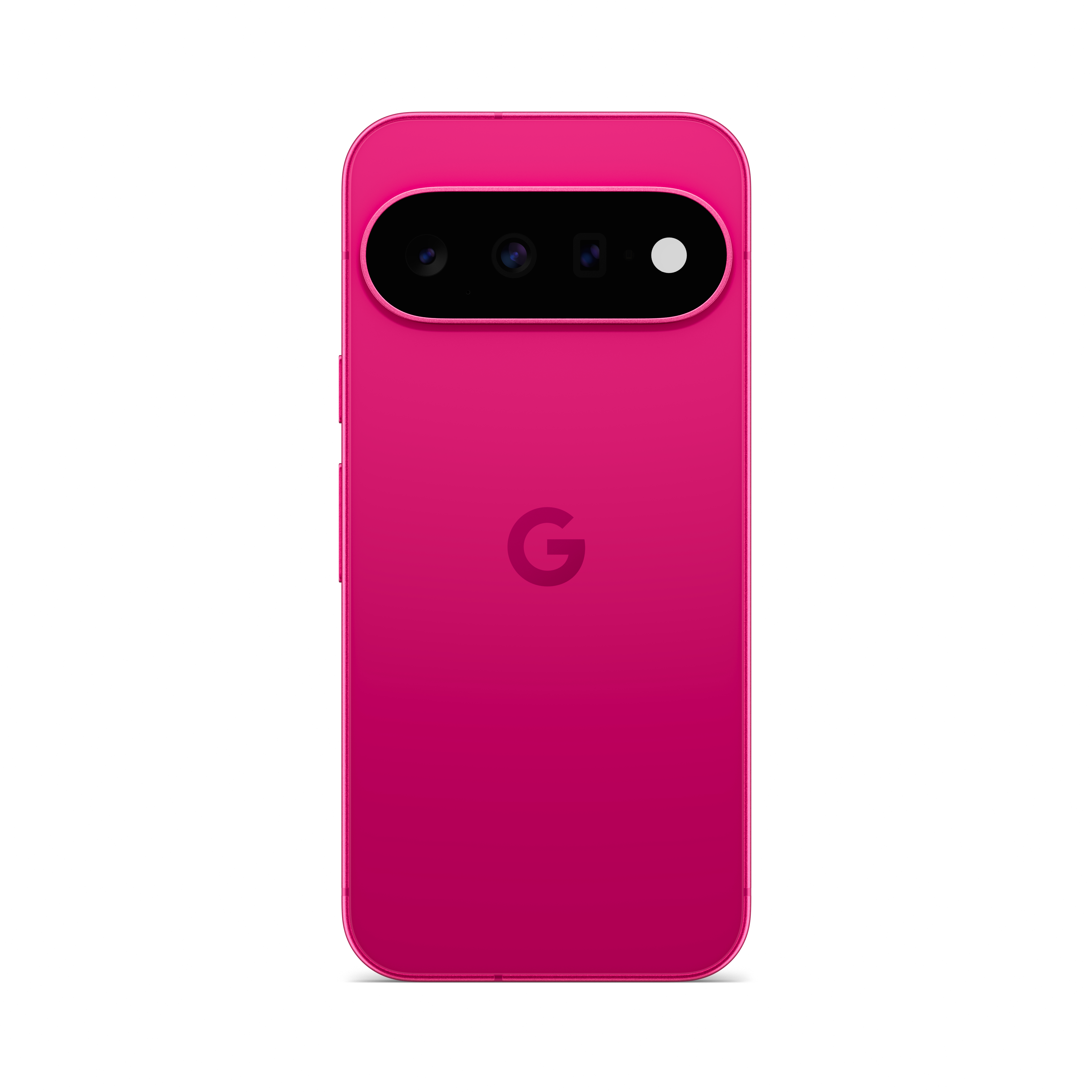 Rückseite eines pinkfarbenen Smartphones mit horizontalem Kameramodul und Google-Logo.