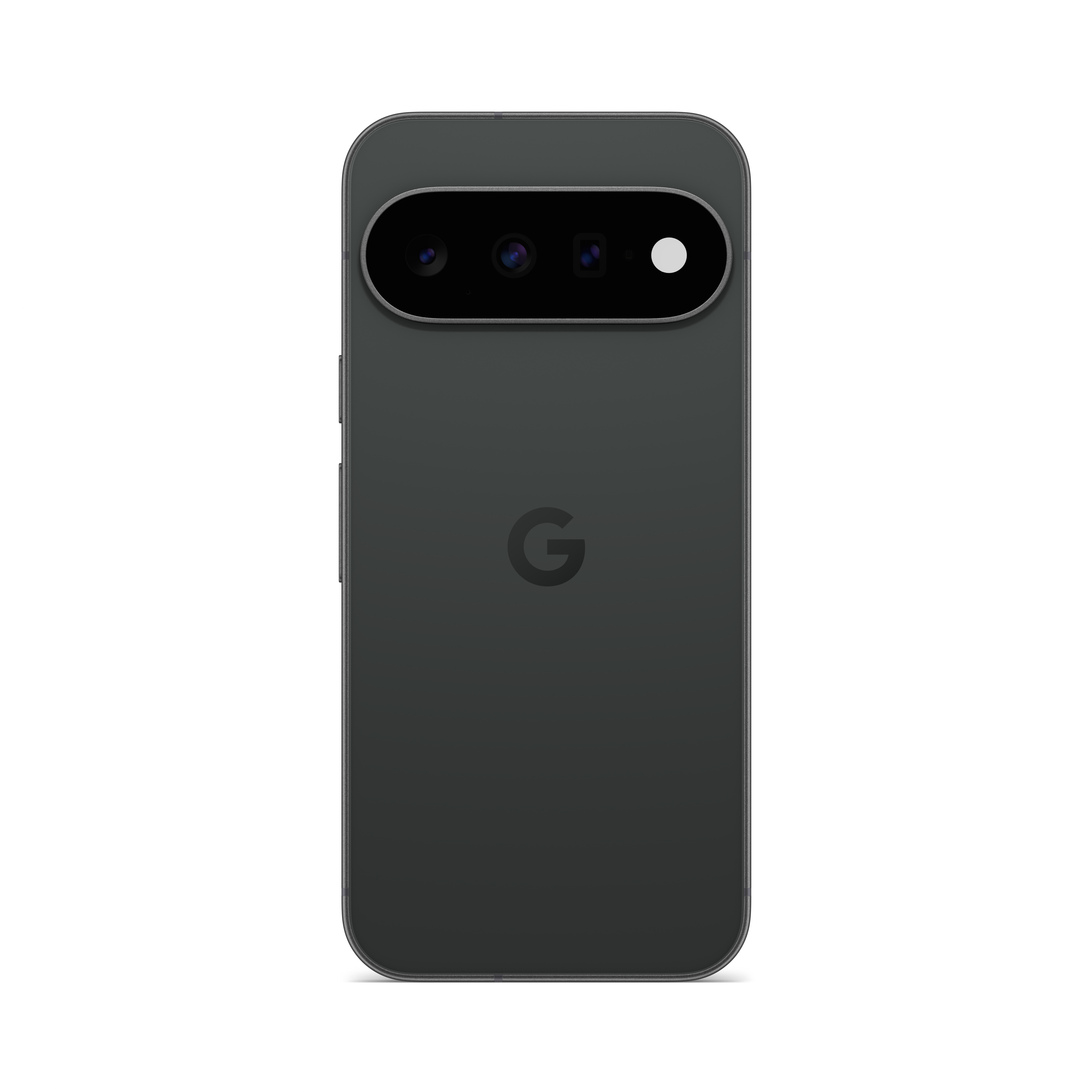 Rückseite eines dunklen Smartphones mit einem horizontalen Kameramodul oben und einem Google-Logo in der Mitte.