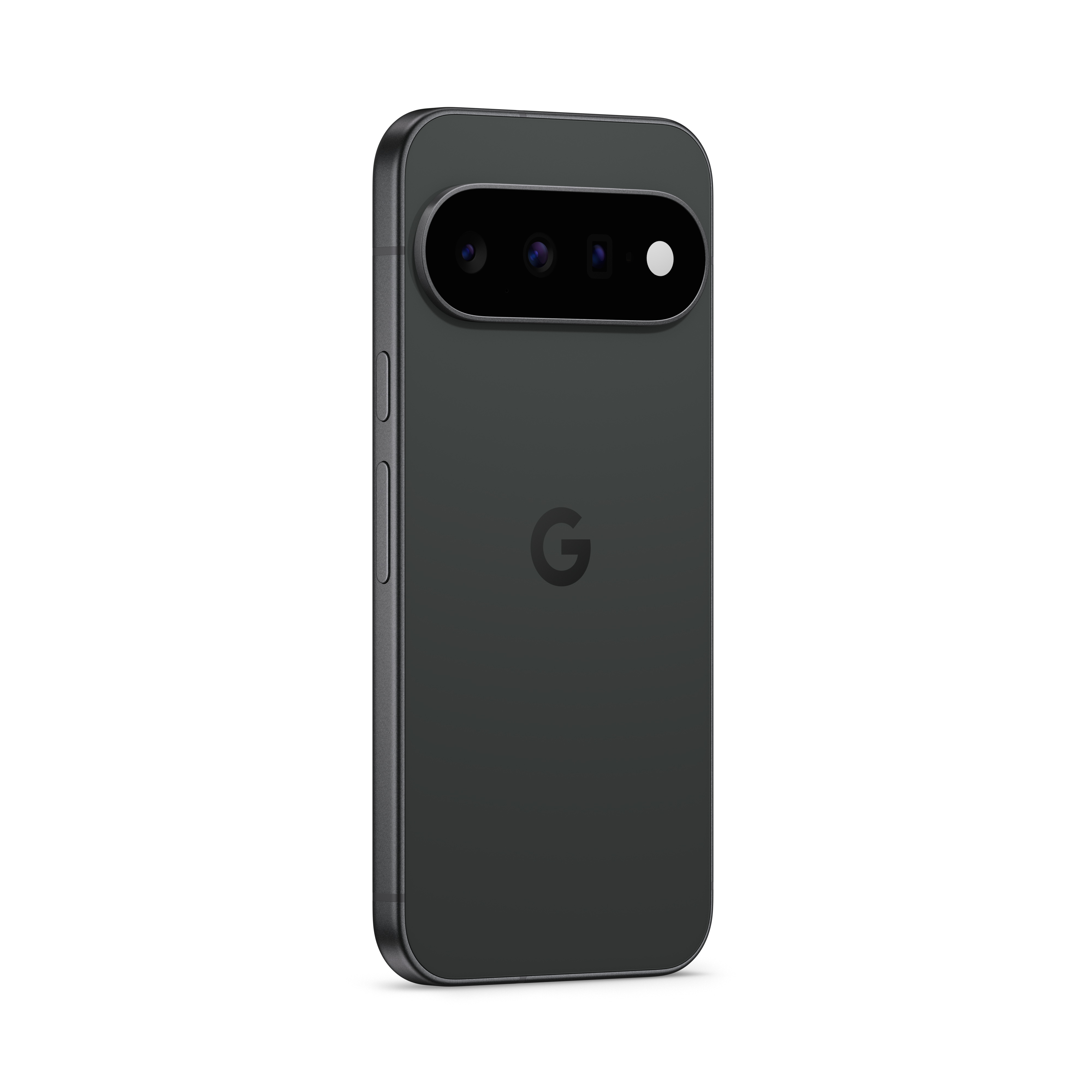 Rückseite eines dunklen Smartphones mit einer länglichen, horizontalen Kameraeinheit oben und dem Google-Logo in der Mitte.