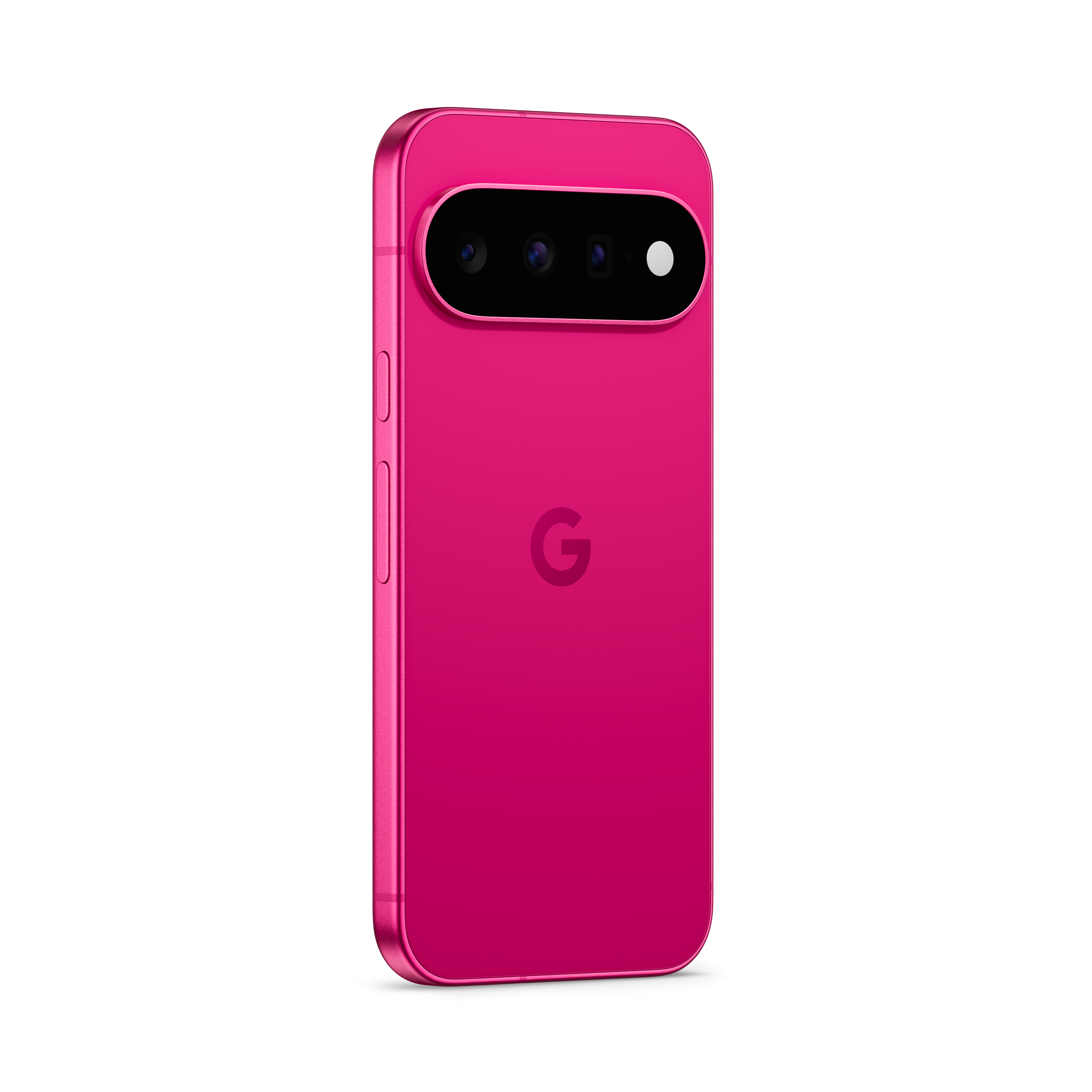 Rückseite eines leuchtend rosa Smartphones mit horizontaler Dreifachkamera und dem Google-Logo.