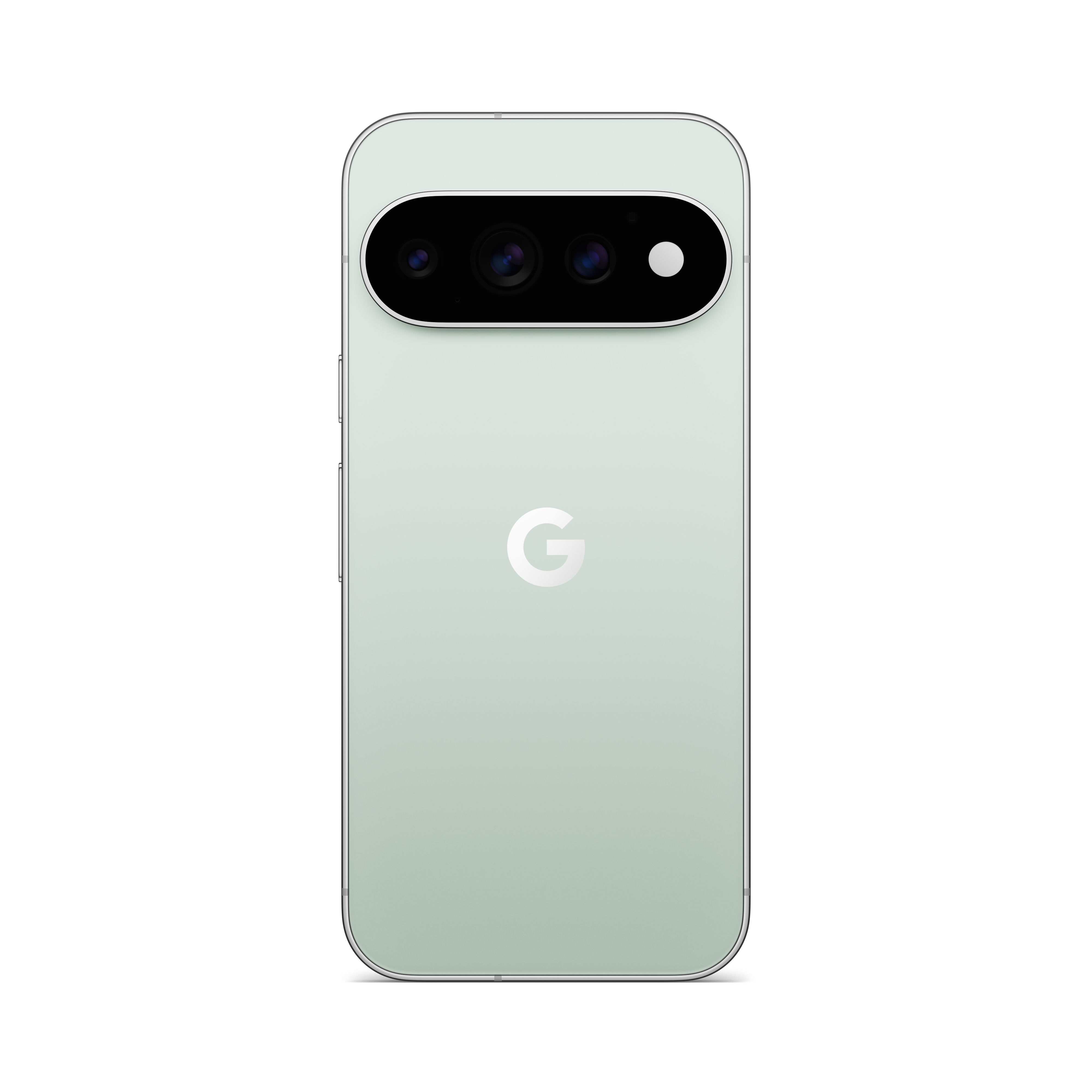 Rückseite eines mintgrünen Smartphones mit einer horizontalen Dreifachkamera und dem Google-Logo.