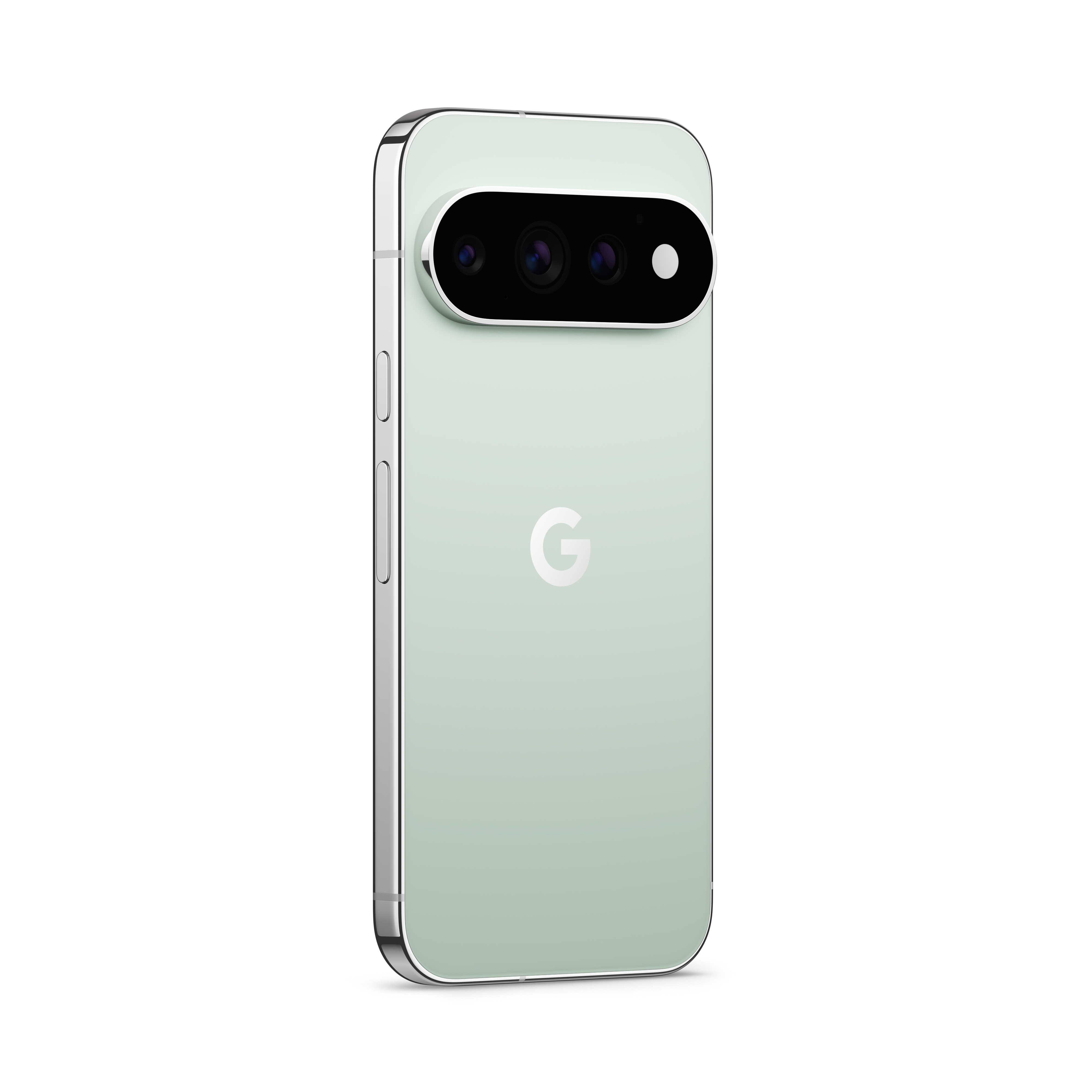 Rückansicht eines hellgrünen Smartphones mit horizontaler dreifacher Kameraleiste und Google-Logo.