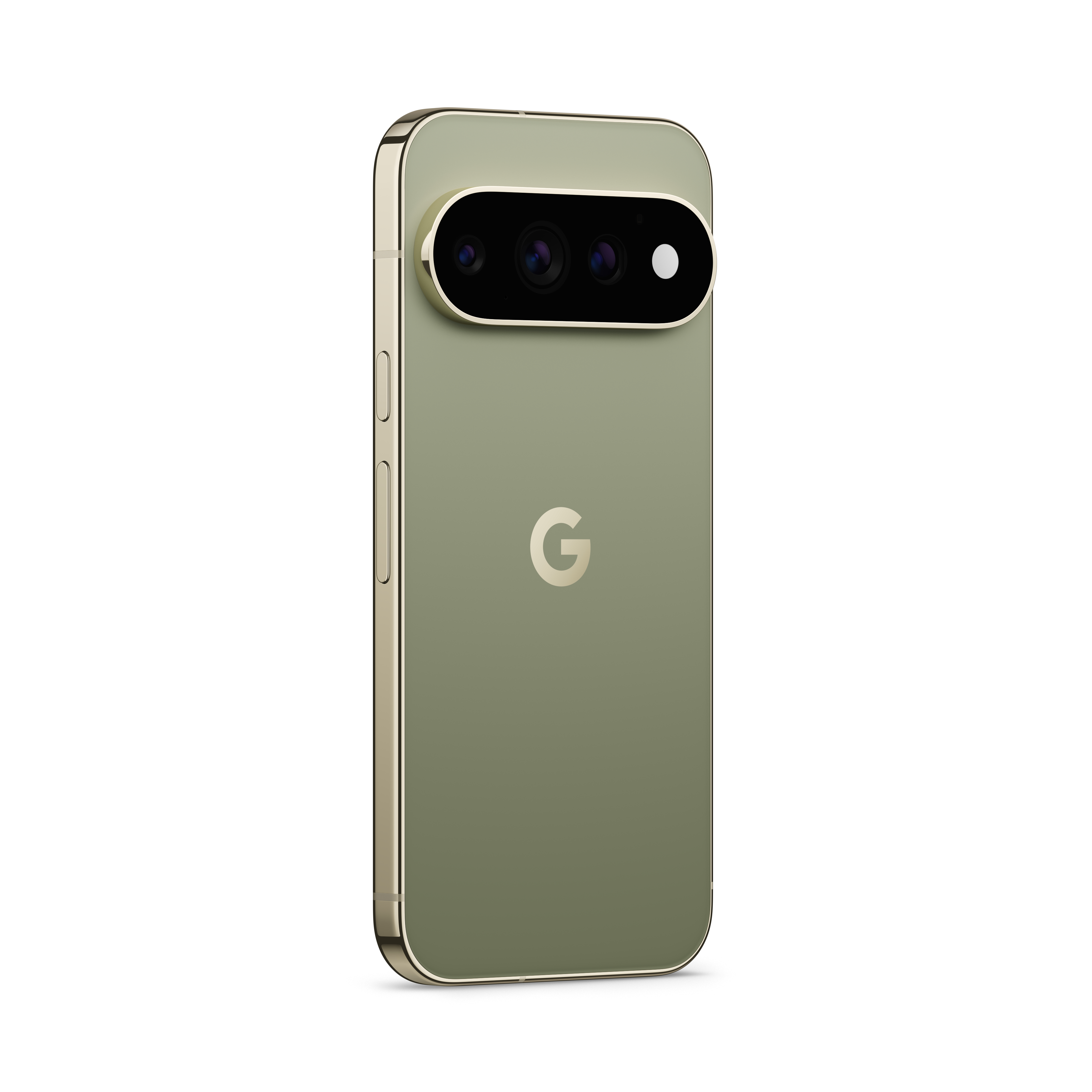 Rückseite eines oliven grünen Smartphones mit vertikalem Kamera-Modul und Google-Logo auf weißem Hintergrund.