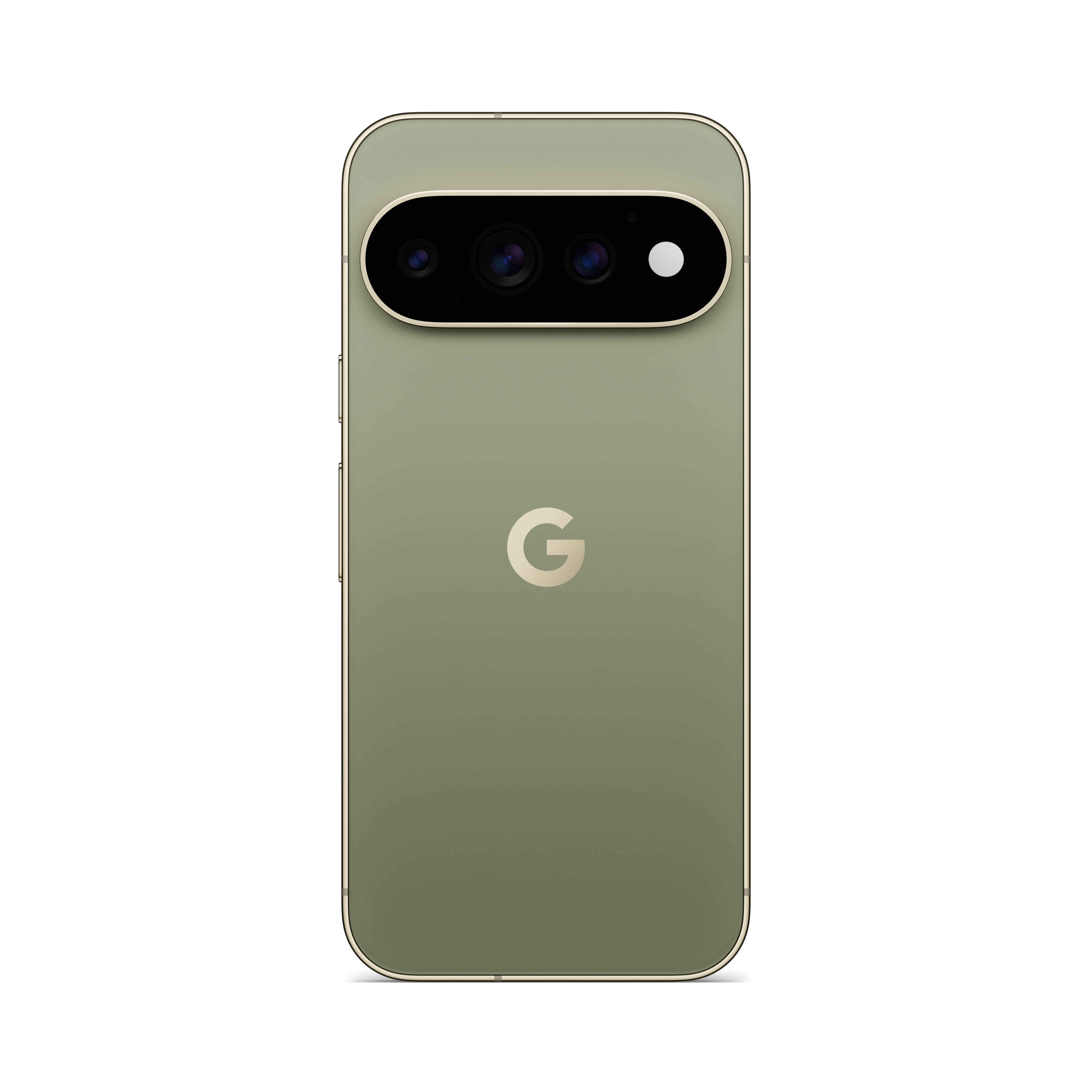 Rückseite eines oliven grünen Smartphones mit horizontalem Kameramodul und Google-Logo.