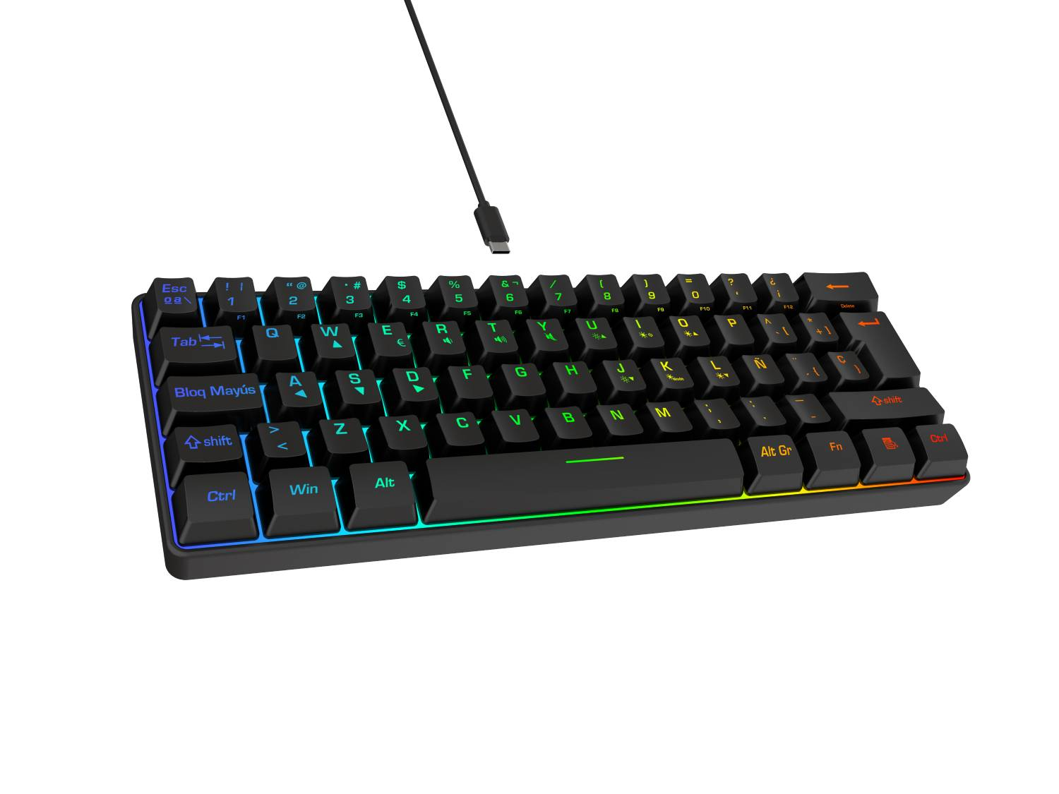 Un mini teclado para juegos negro con iluminación RGB y un cable USB-C conectado sobre un fondo blanco.